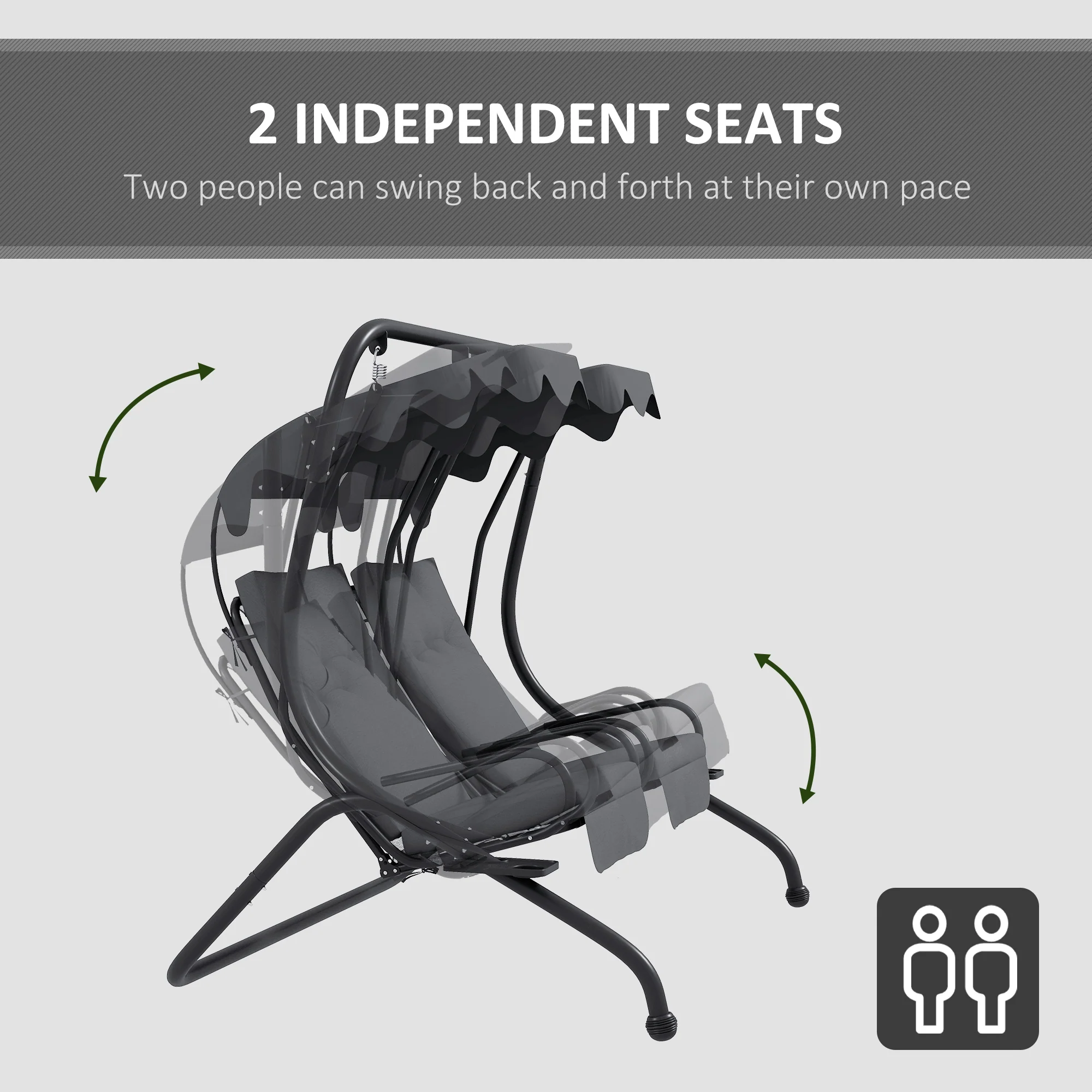 Modern Swing Chair with 2 Separate Chairs, Cushions & Removable Shade Canopy, Grey - Image 6