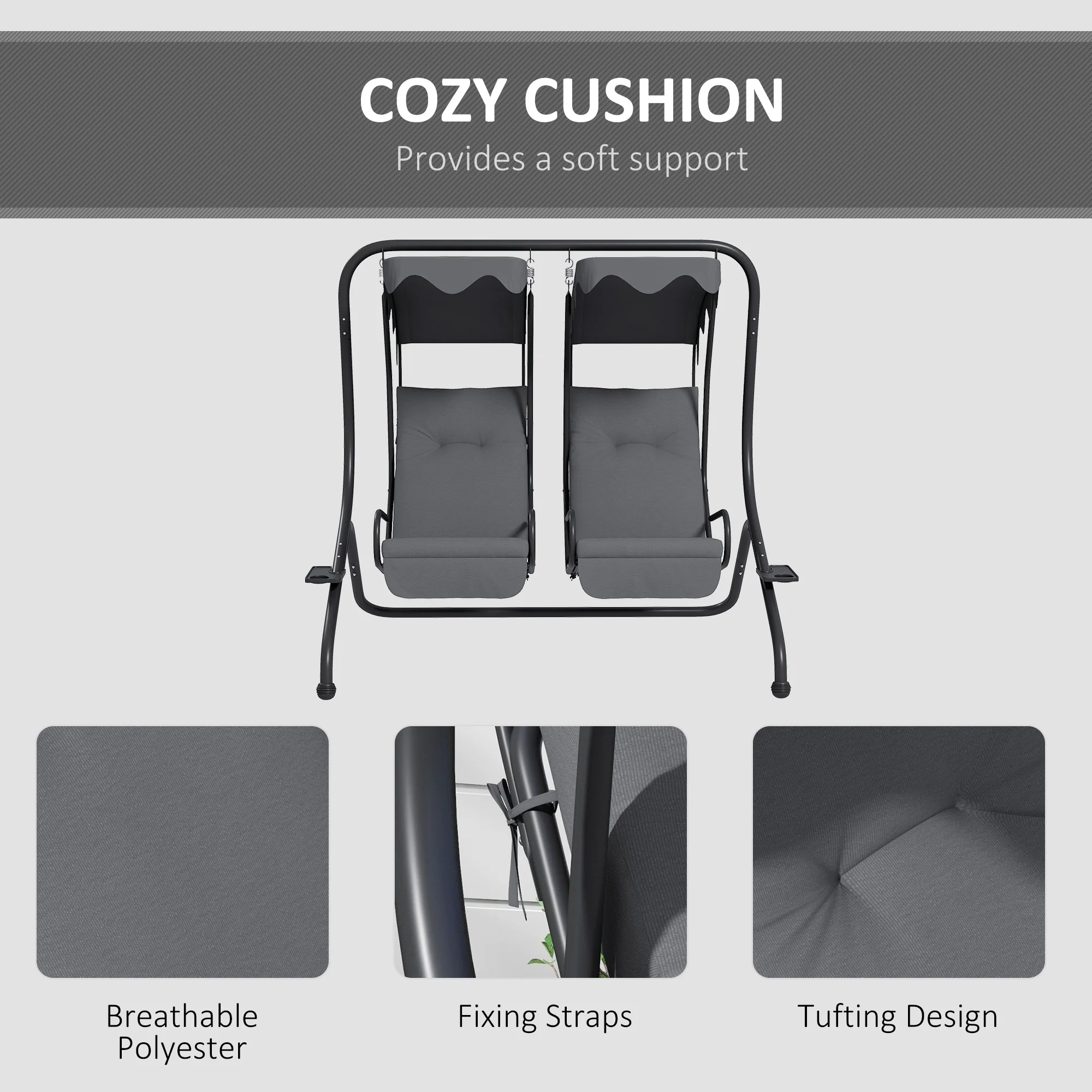 Modern Swing Chair with 2 Separate Chairs, Cushions & Removable Shade Canopy, Grey - Image 8