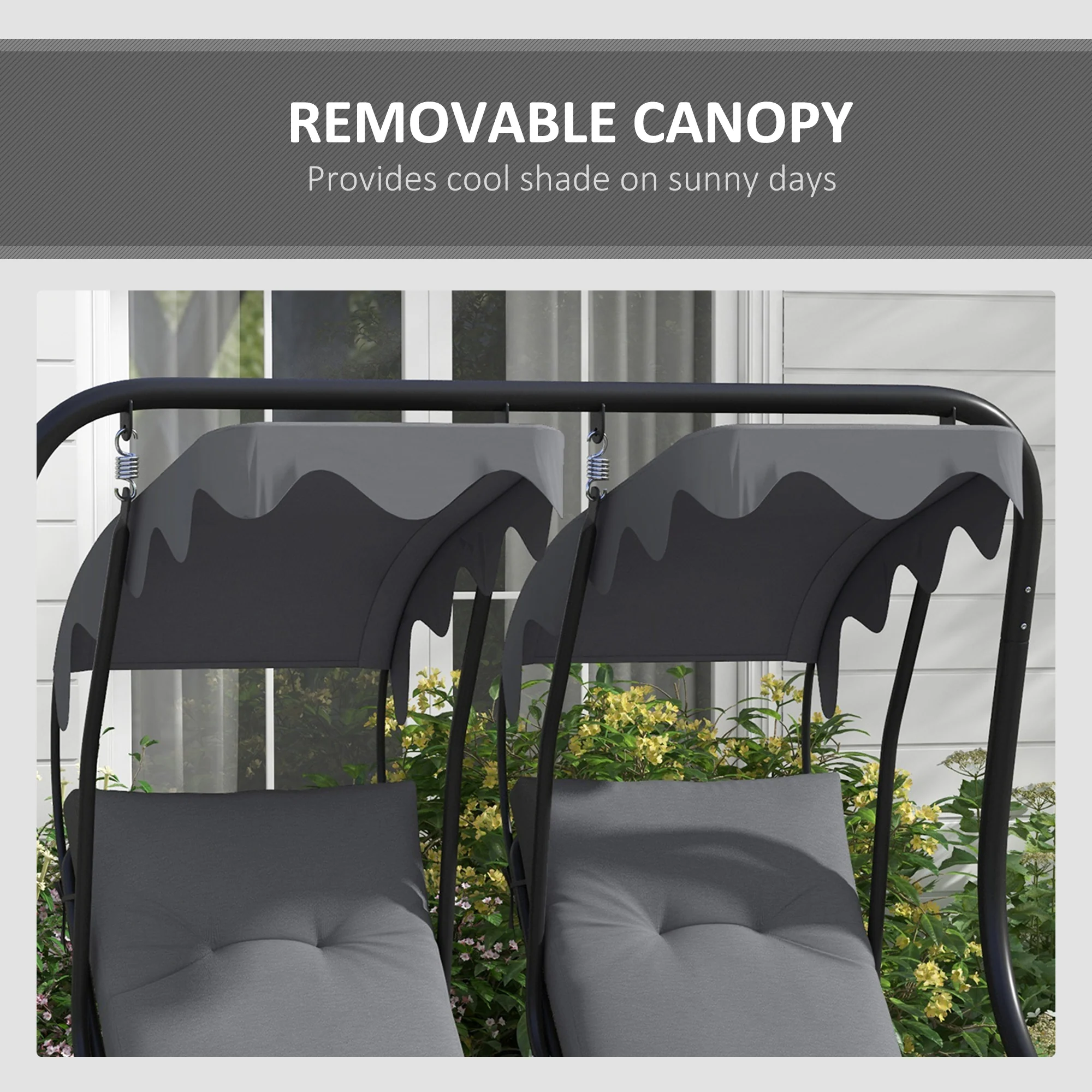 Modern Swing Chair with 2 Separate Chairs, Cushions & Removable Shade Canopy, Grey - Image 9