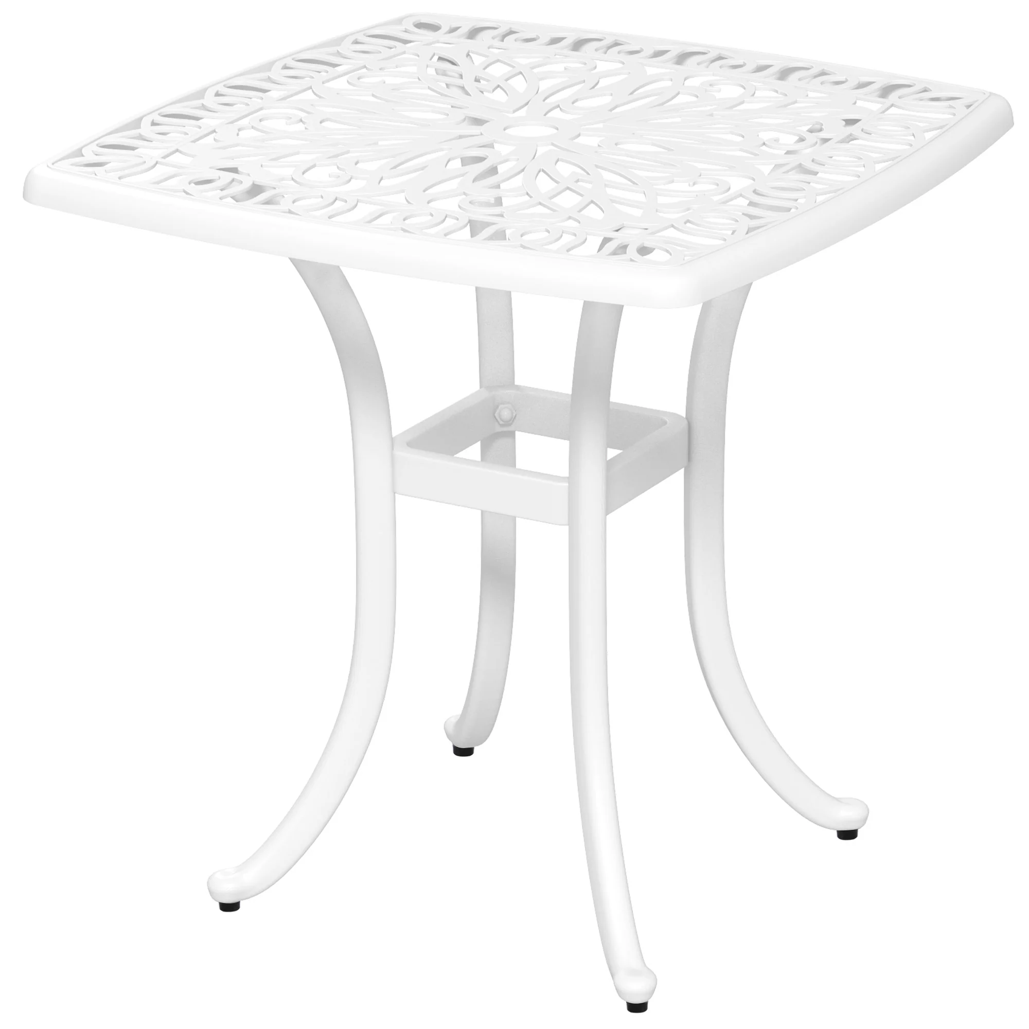 21" Square Outdoor End Table, Cast Aluminum Patio Side Table w/ Umbrella Hole, White