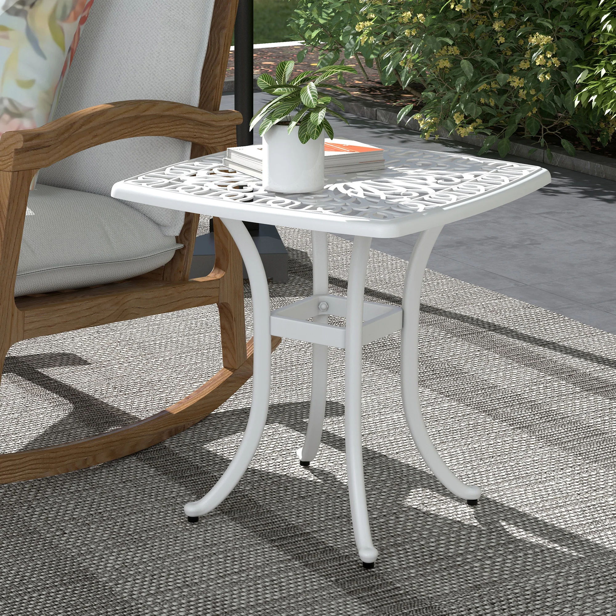 21" Square Outdoor End Table, Cast Aluminum Patio Side Table w/ Umbrella Hole, White - Image 3