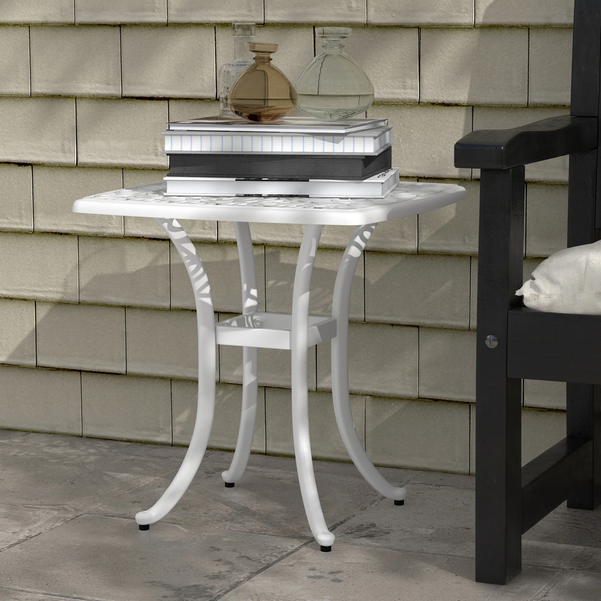 21" Square Outdoor End Table, Cast Aluminum Patio Side Table w/ Umbrella Hole, White - Image 4