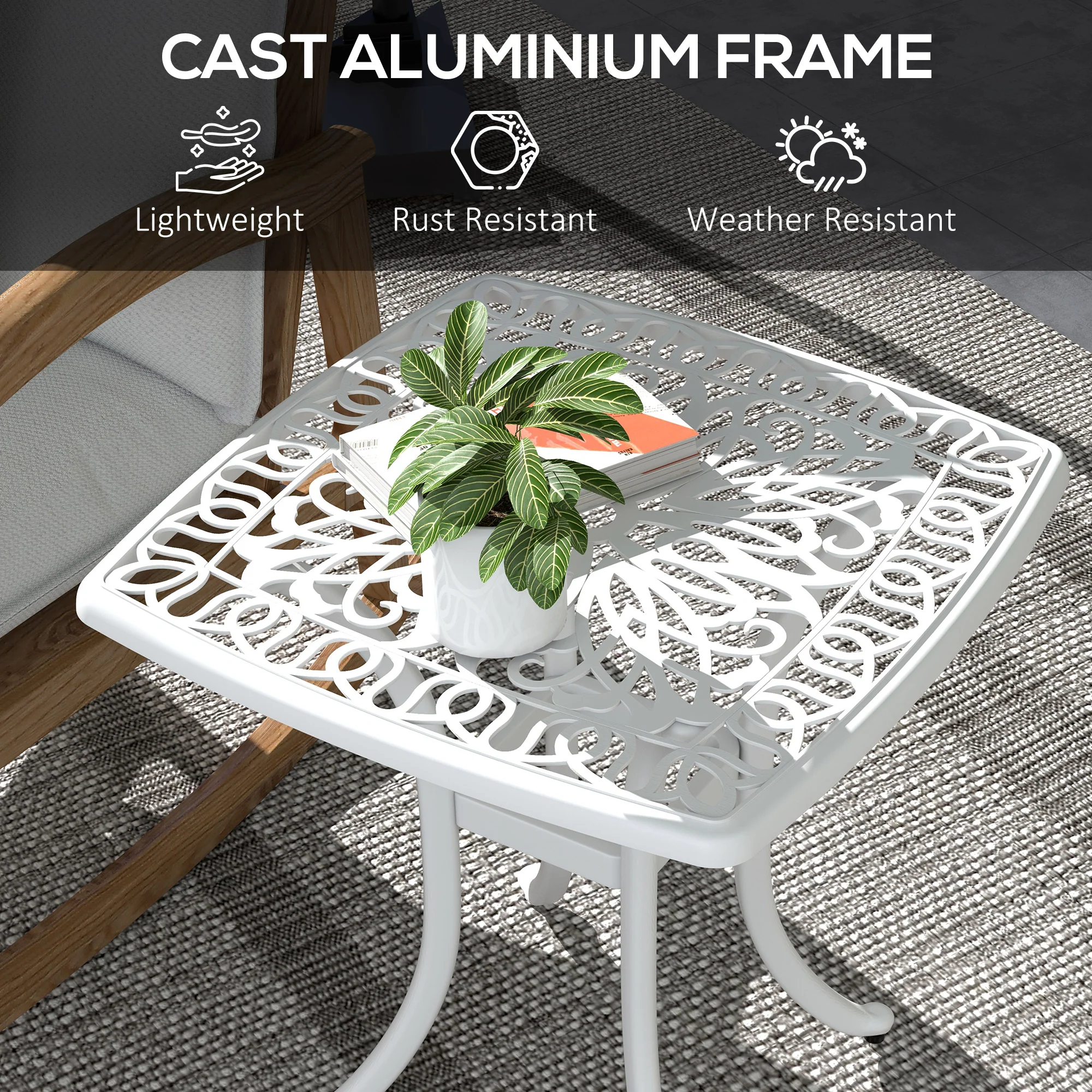 21" Square Outdoor End Table, Cast Aluminum Patio Side Table w/ Umbrella Hole, White - Image 7