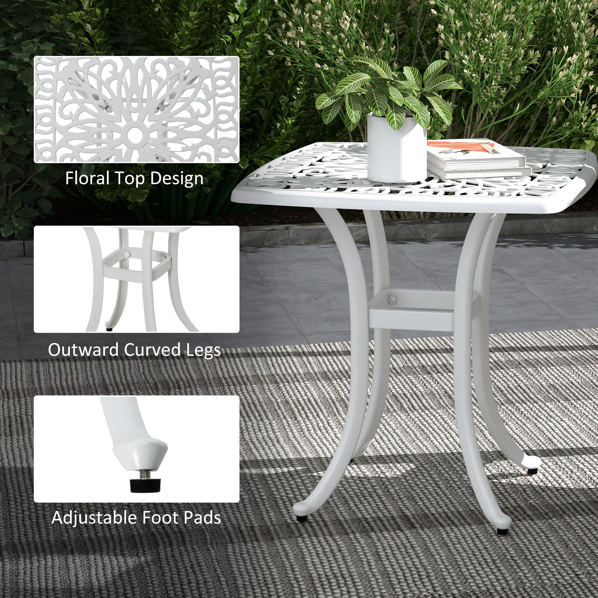 21" Square Outdoor End Table, Cast Aluminum Patio Side Table w/ Umbrella Hole, White - Image 8