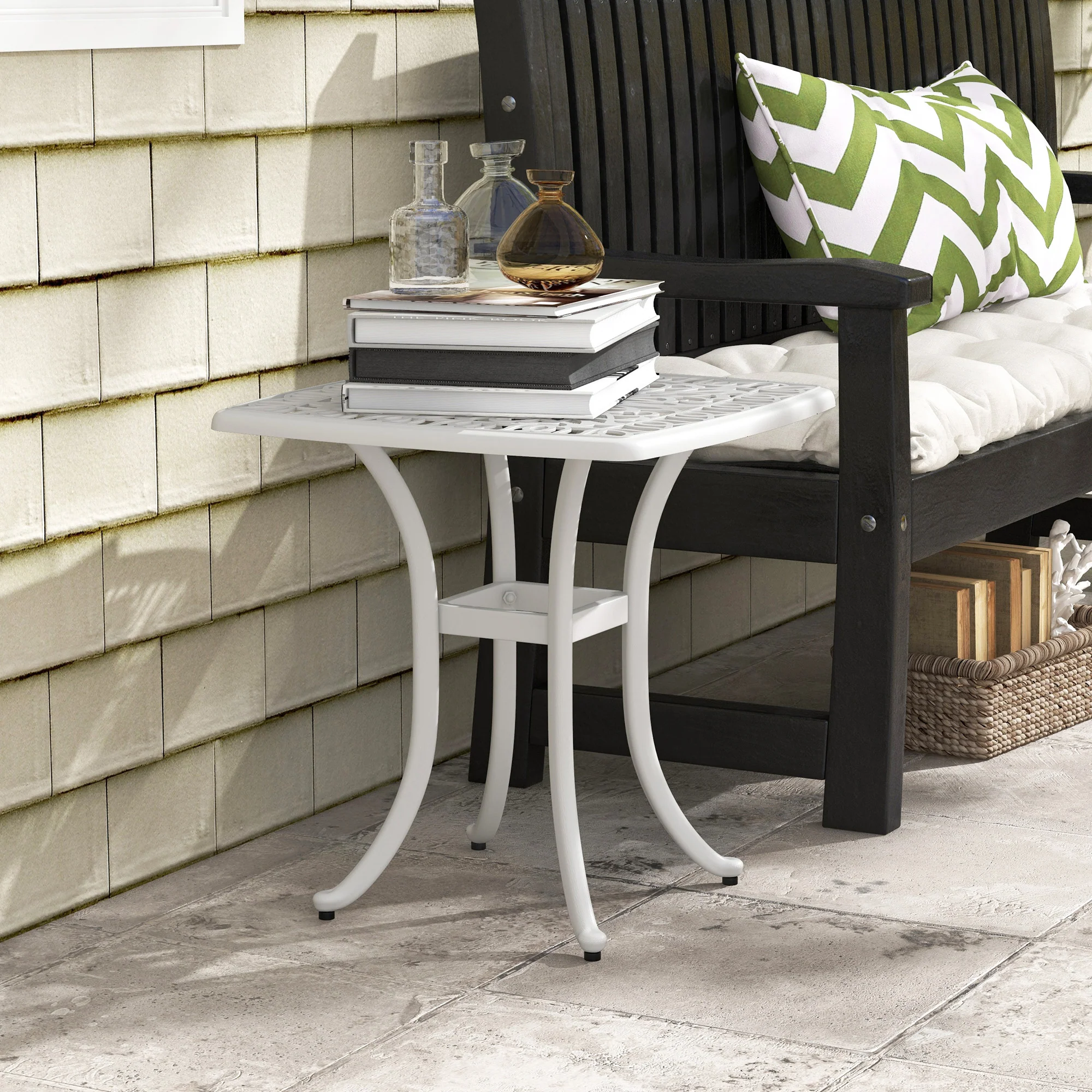 21" Square Outdoor End Table, Cast Aluminum Patio Side Table w/ Umbrella Hole, White - Image 9