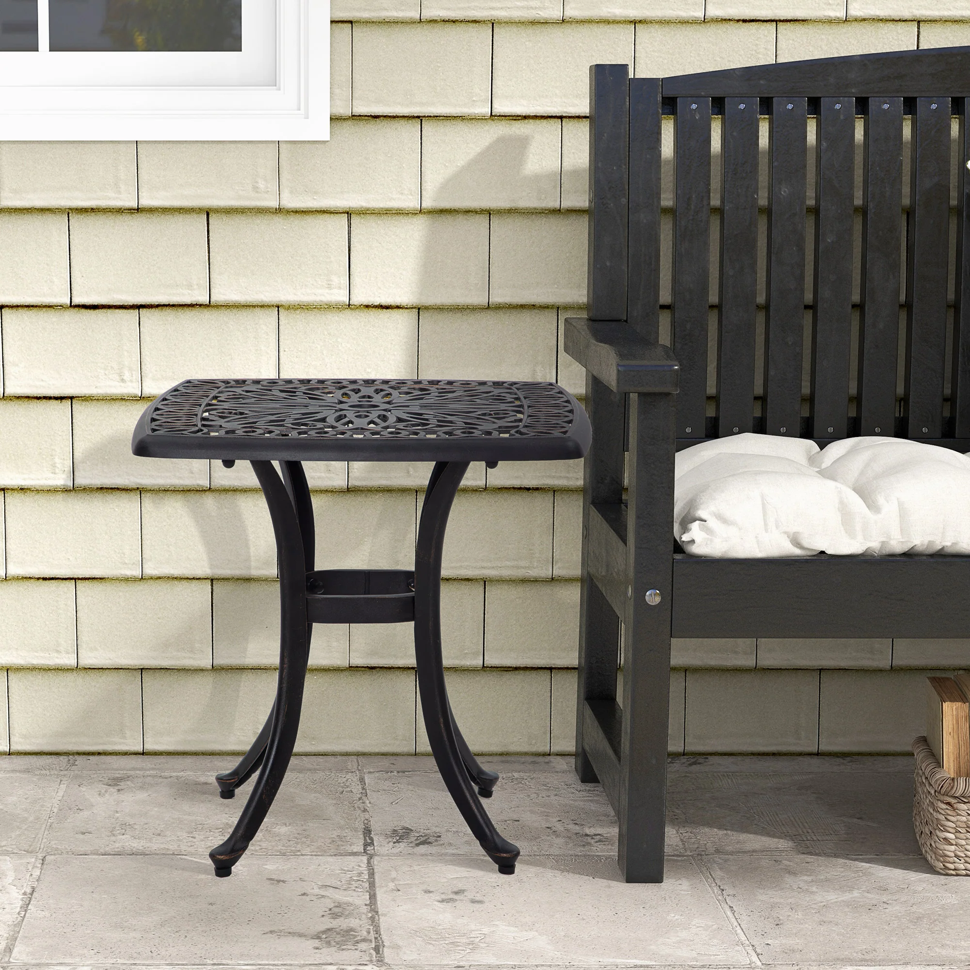 21" Square Outdoor End Table, Cast Aluminum Patio Side Table w/ Umbrella Hole, Bronze - Image 9