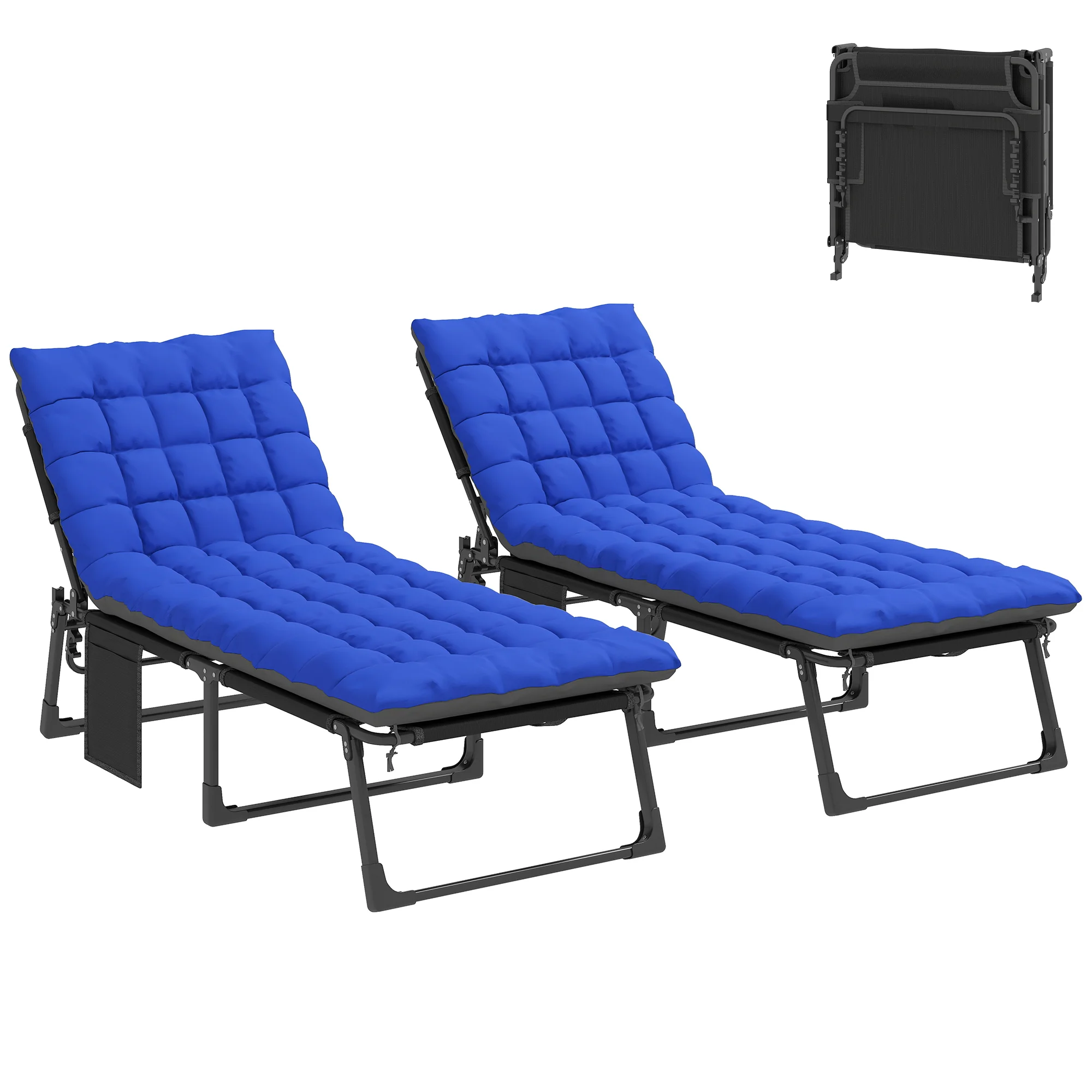 2 Piece Reclining Outdoor Chaise Lounge Chairs with Cushions, Dark Gray/Blue - Image 2