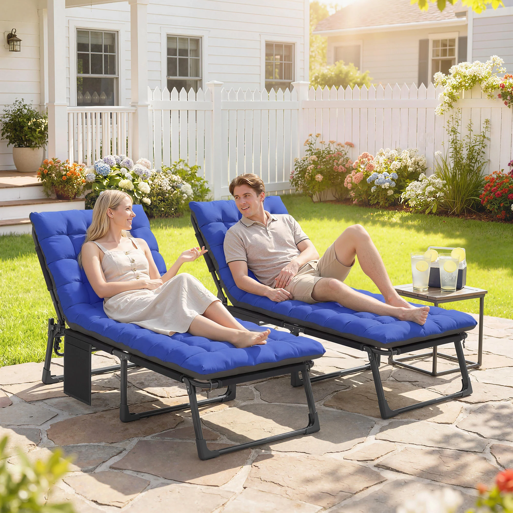 2 Piece Reclining Outdoor Chaise Lounge Chairs with Cushions, Dark Gray/Blue - Image 3