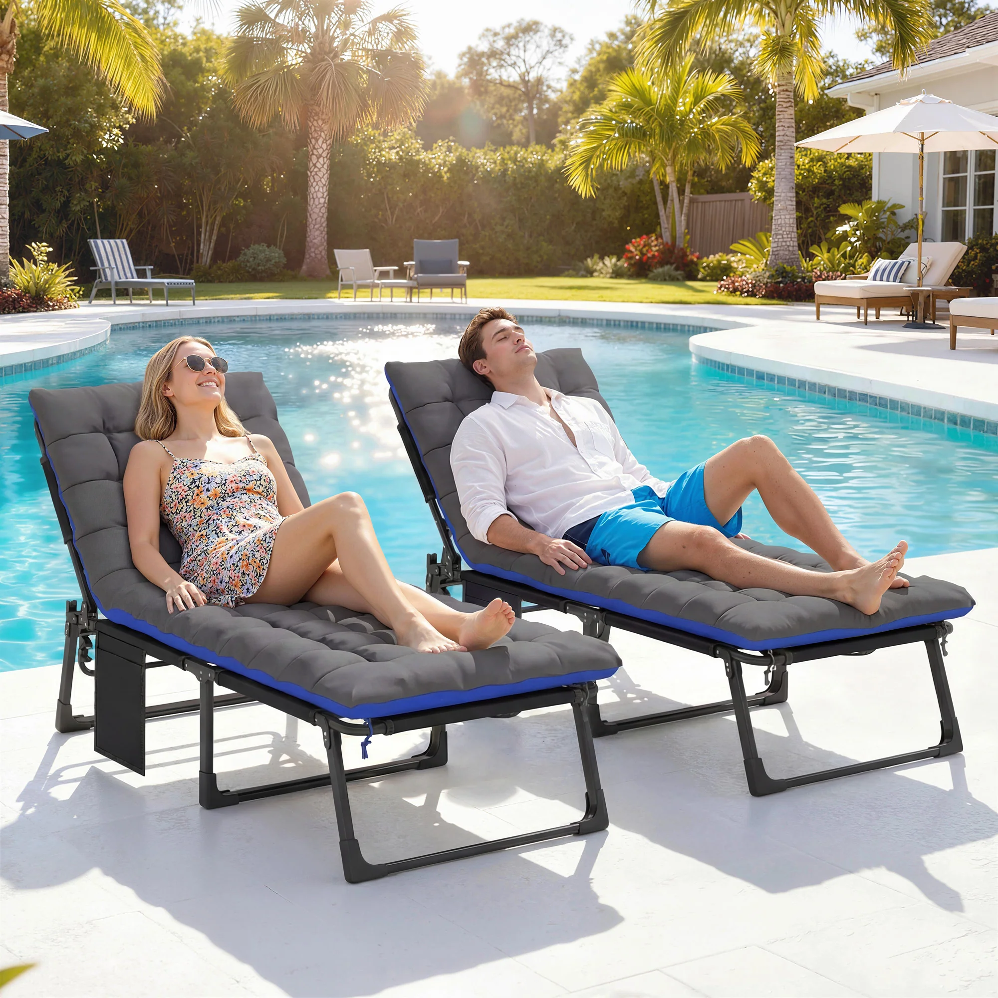 2 Piece Reclining Outdoor Chaise Lounge Chairs with Cushions, Dark Gray/Blue - Image 4