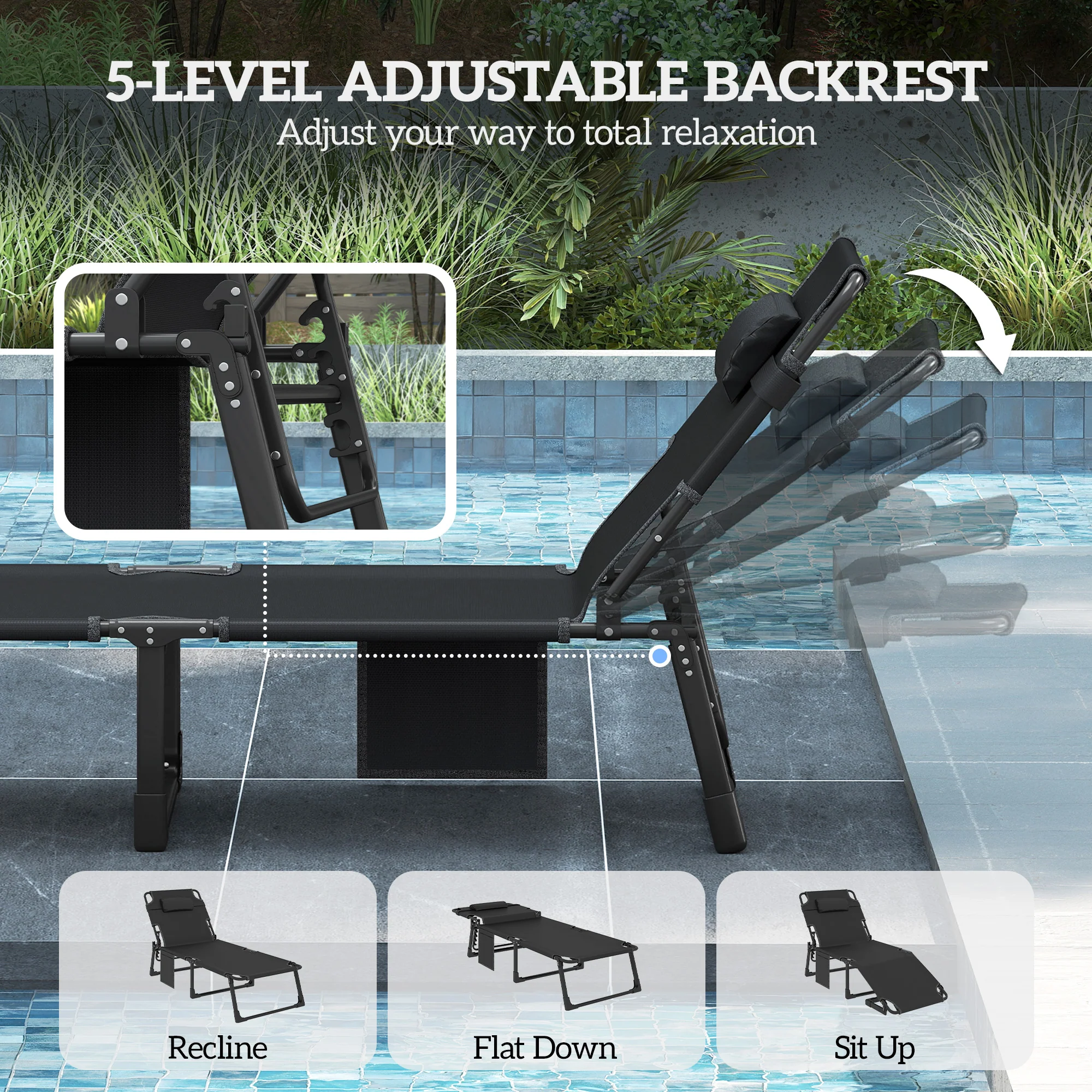 2 Piece Reclining Outdoor Chaise Lounge Chairs with Cushions, Dark Gray/Blue - Image 6