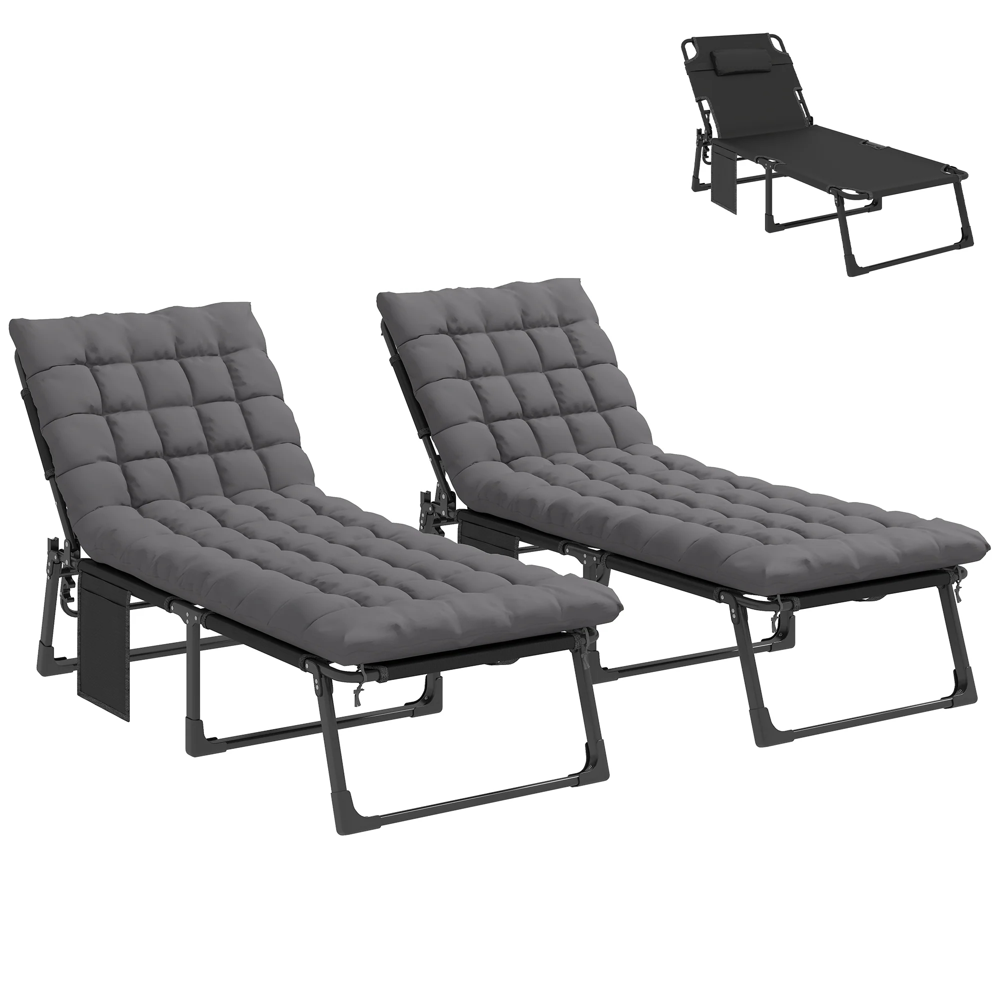 2 Piece Reclining Outdoor Chaise Lounge Chairs with Cushions, Dark Gray
