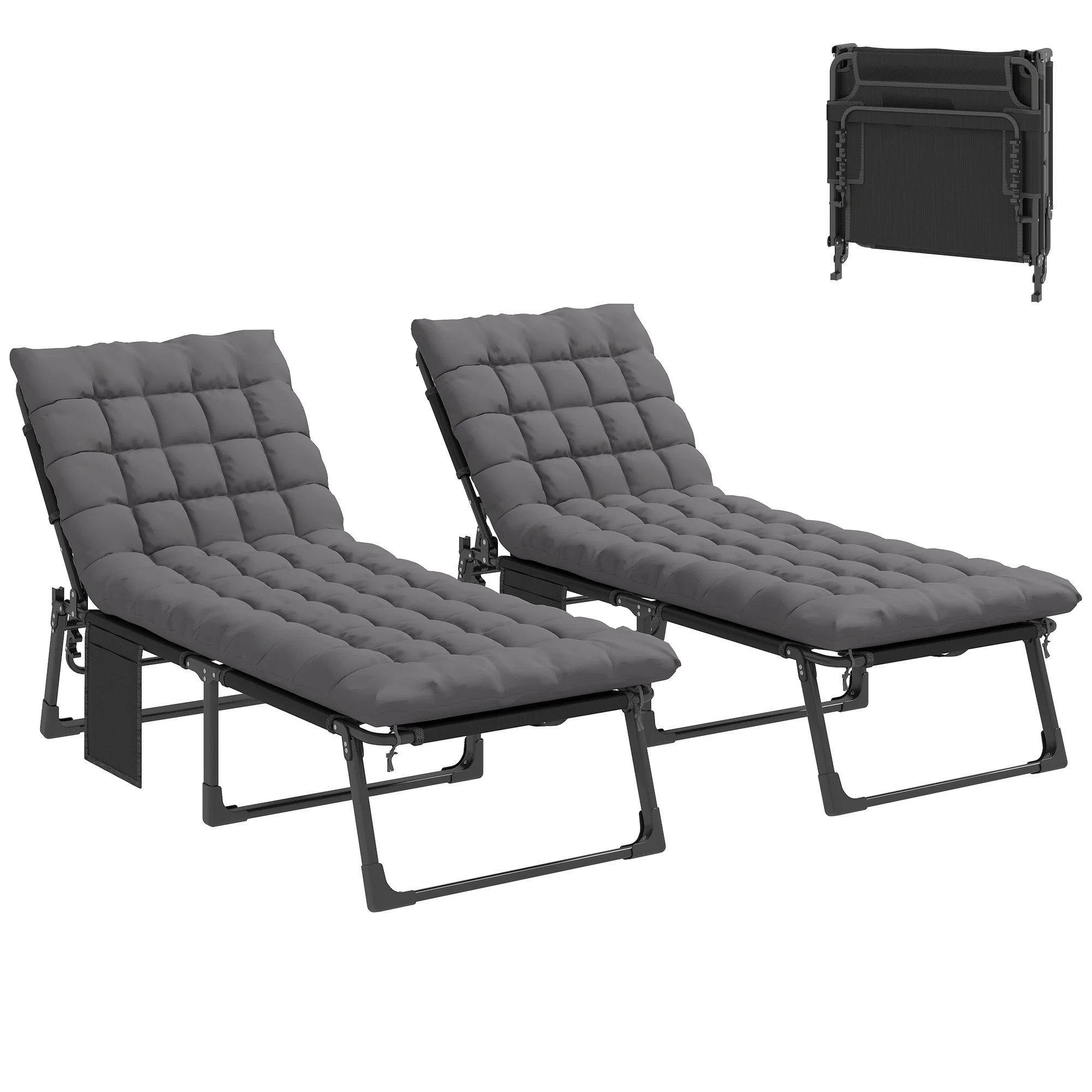 2 Piece Reclining Outdoor Chaise Lounge Chairs with Cushions, Dark Gray - Image 2