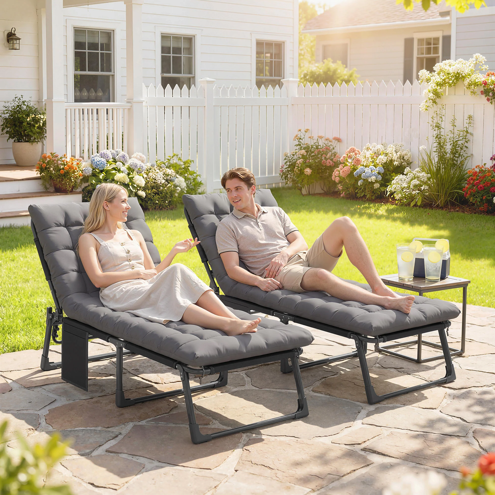 2 Piece Reclining Outdoor Chaise Lounge Chairs with Cushions, Dark Gray - Image 3