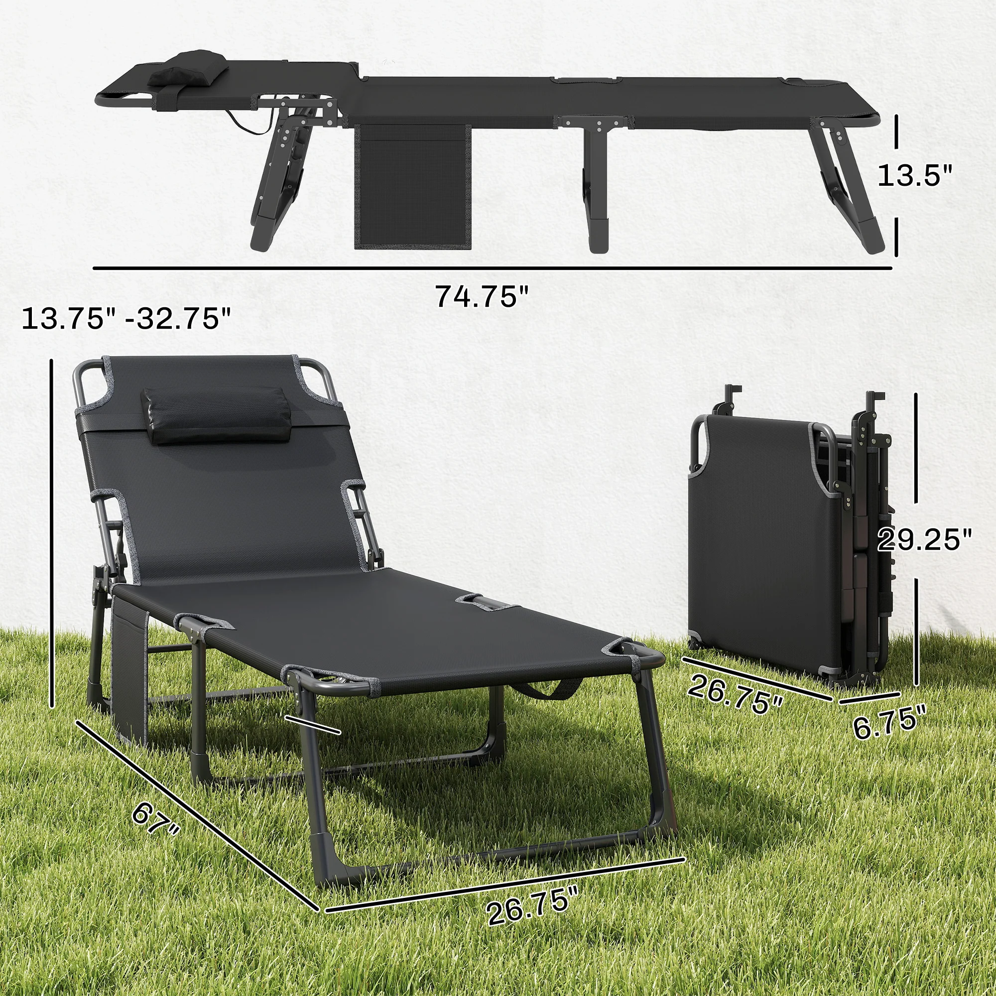 2 Piece Reclining Outdoor Chaise Lounge Chairs with Cushions, Dark Gray - Image 5