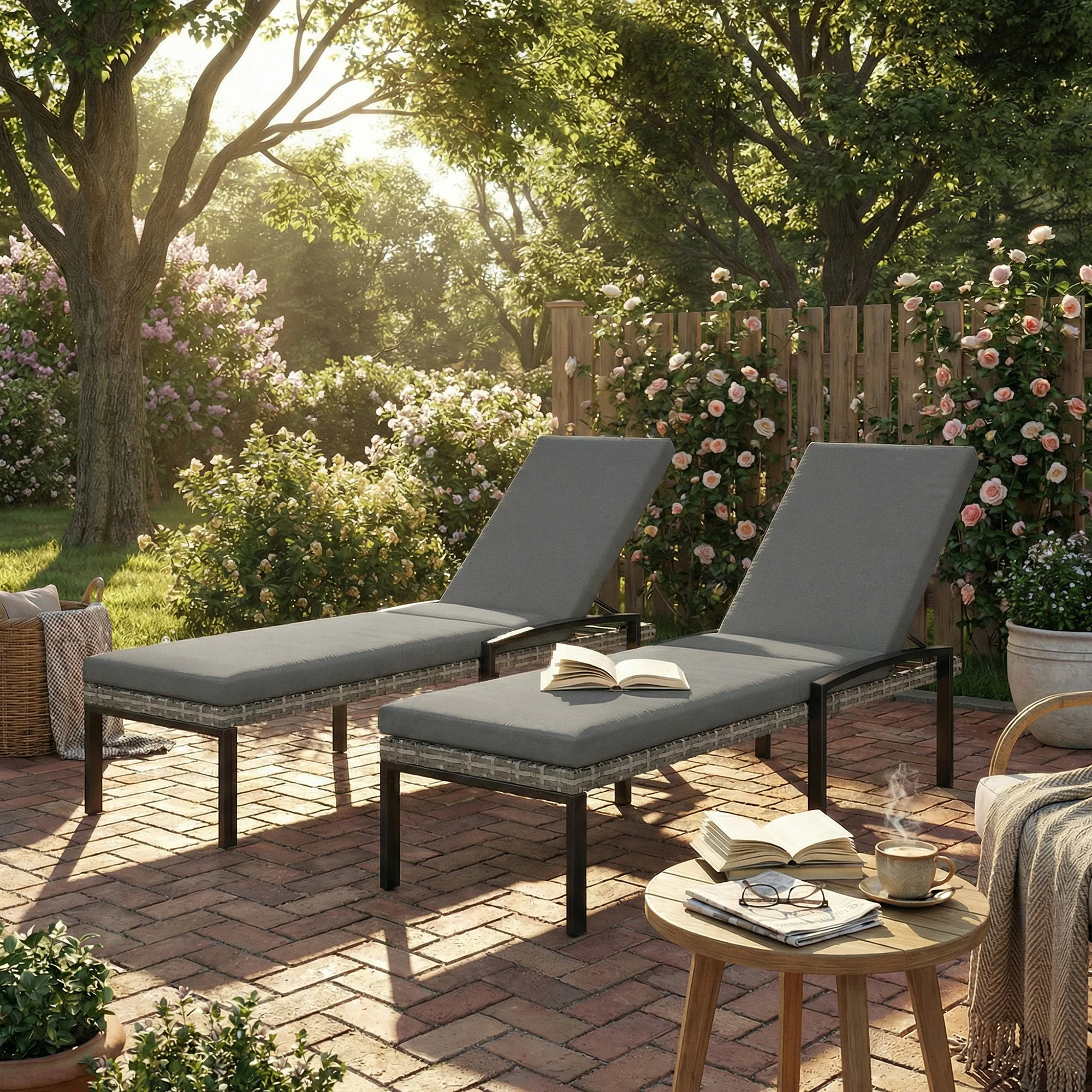 Pair of Wicker Chaise Loungers with 5-Level Backrest & Cushion, Light Grey - Image 3