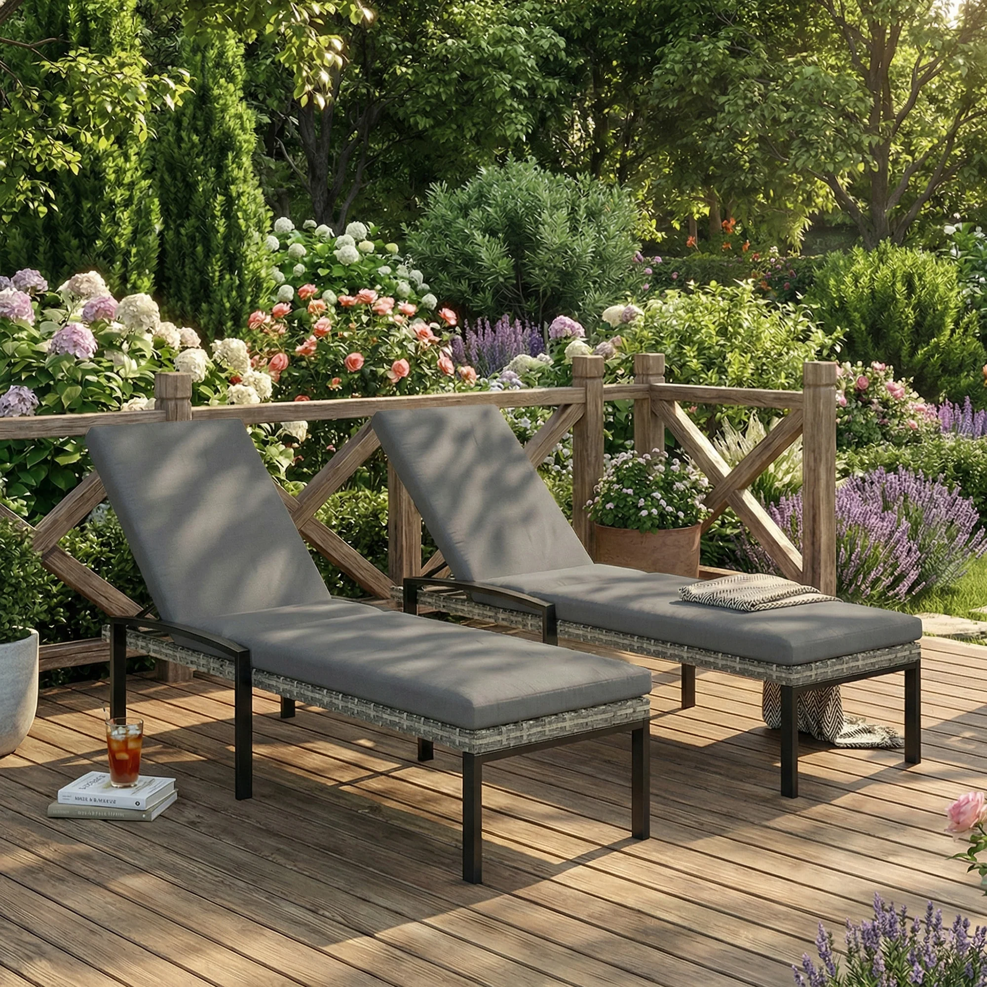 Pair of Wicker Chaise Loungers with 5-Level Backrest & Cushion, Light Grey - Image 4
