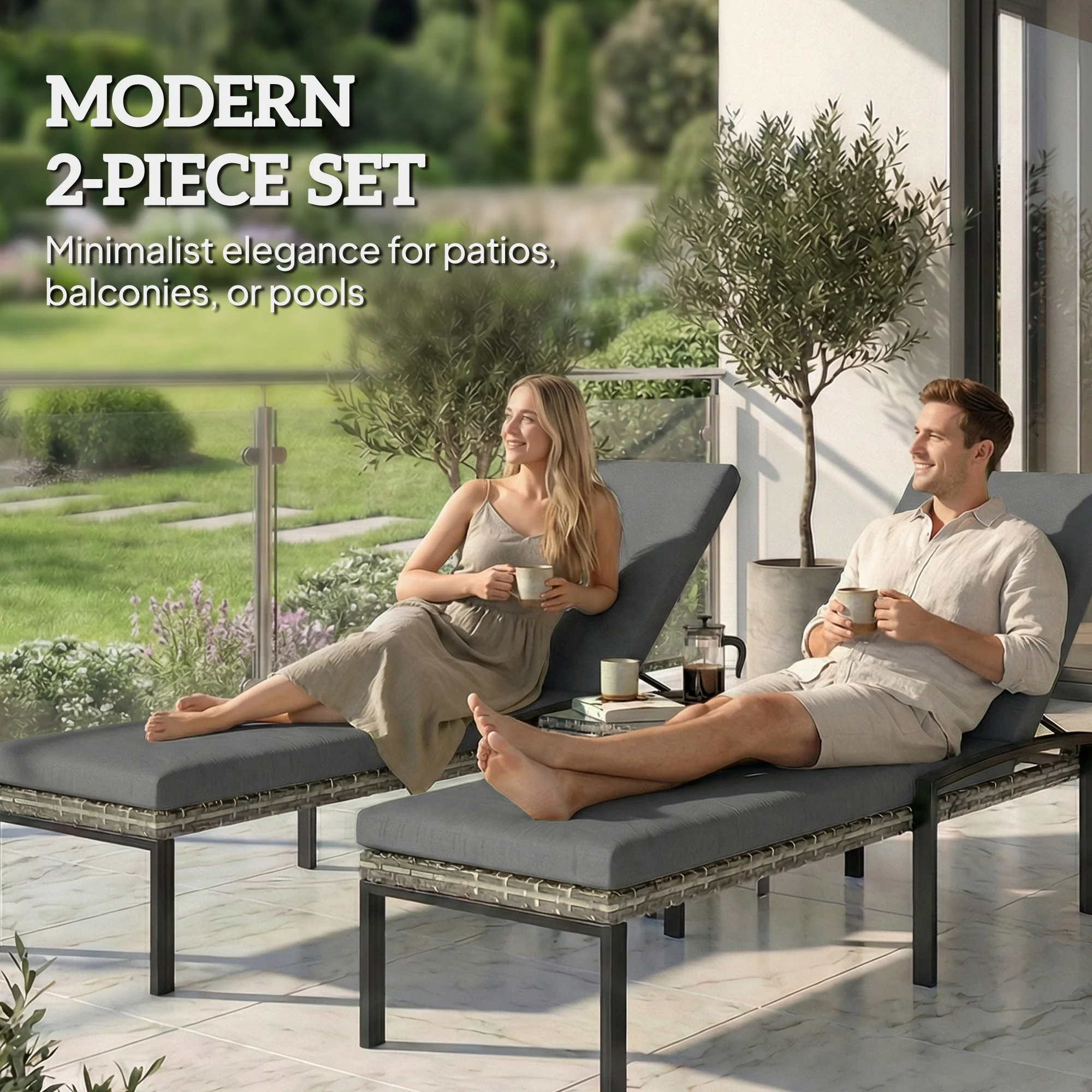 Pair of Wicker Chaise Loungers with 5-Level Backrest & Cushion, Light Grey - Image 9