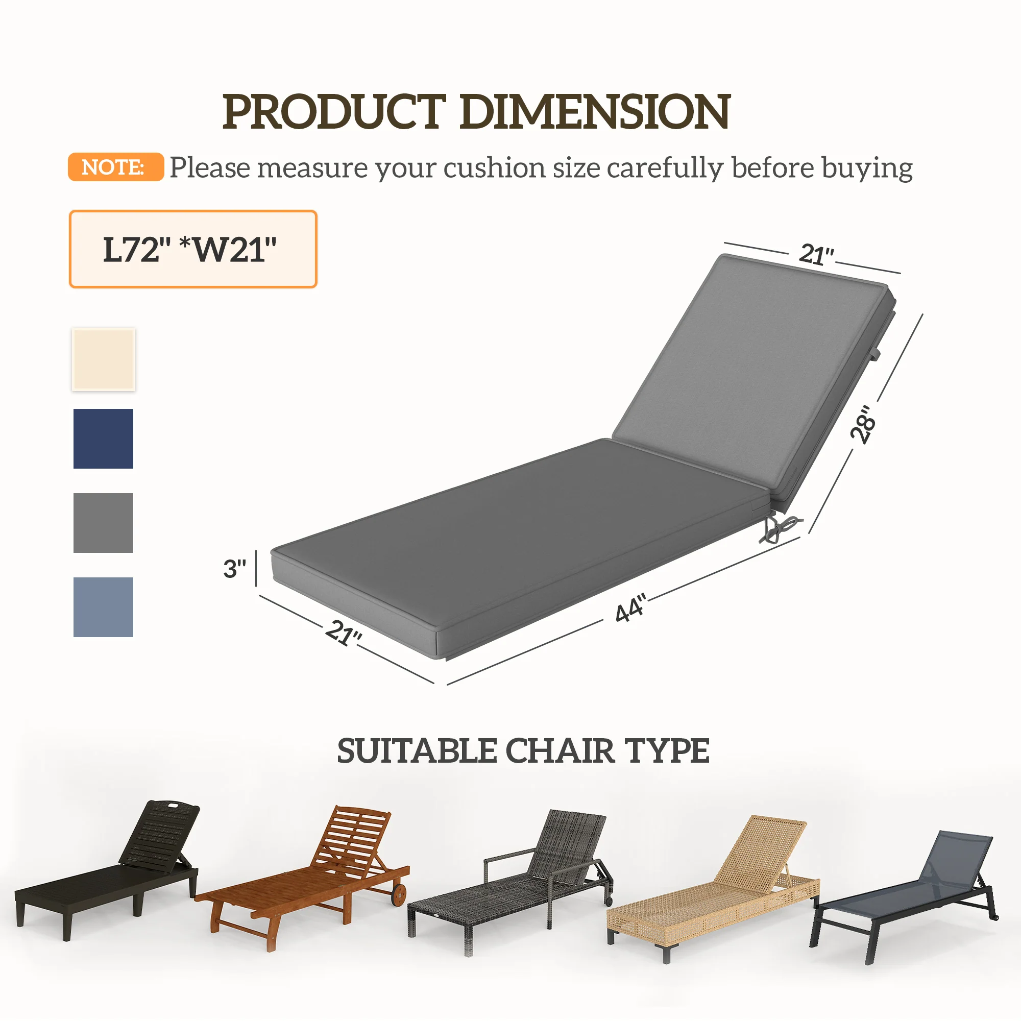 2-Piece Chaise Lounge Cushions, 72" x 21" x 3", Gray - Image 5