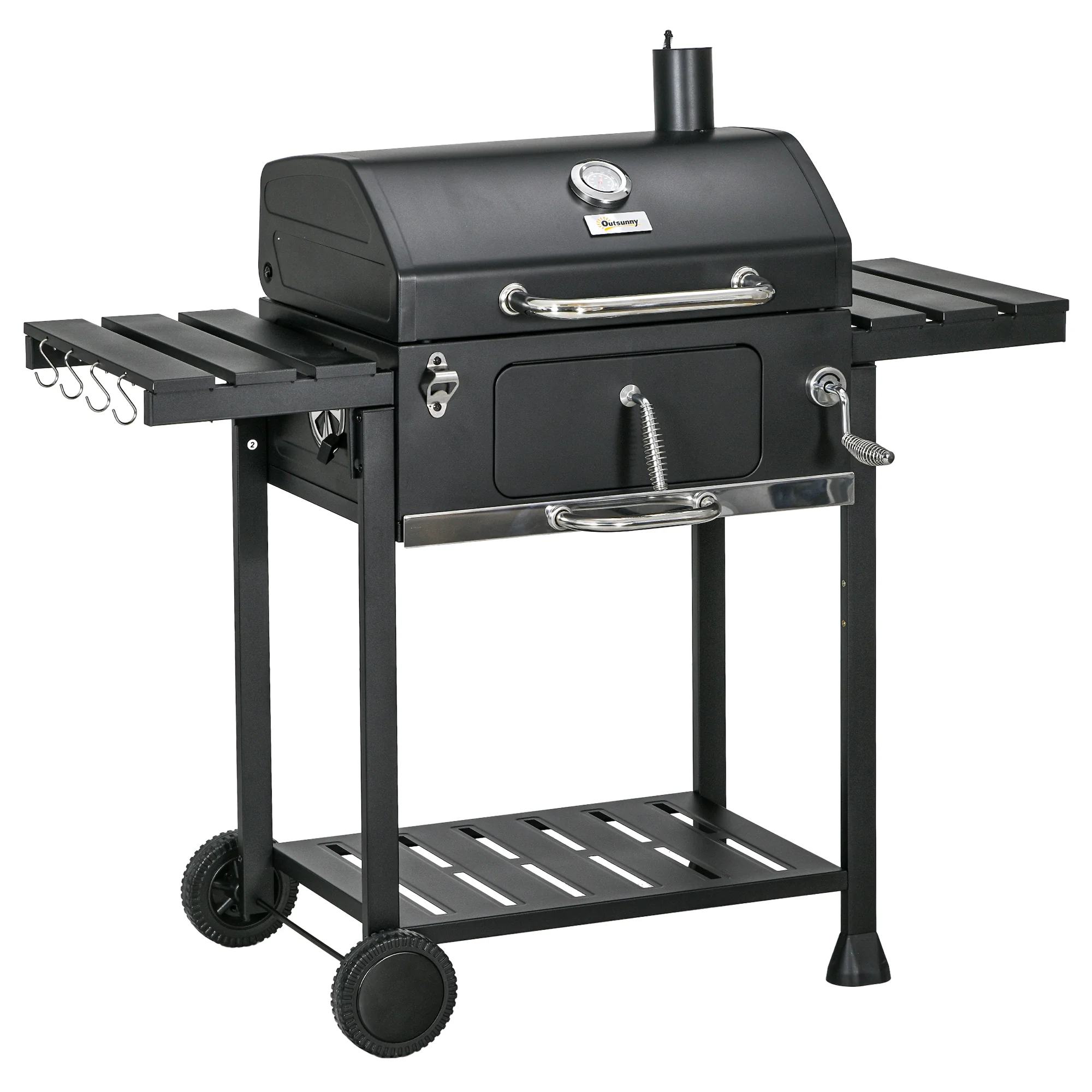 Charcoal Barbecue Grill Trolley with Storage Shelves, Lid, Thermometer, Bottle Opener, Black