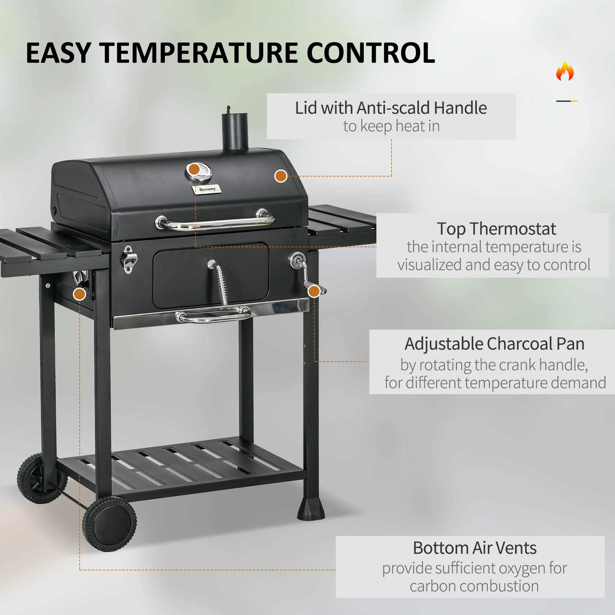 Charcoal Barbecue Grill Trolley with Storage Shelves, Lid, Thermometer, Bottle Opener, Black - Image 7
