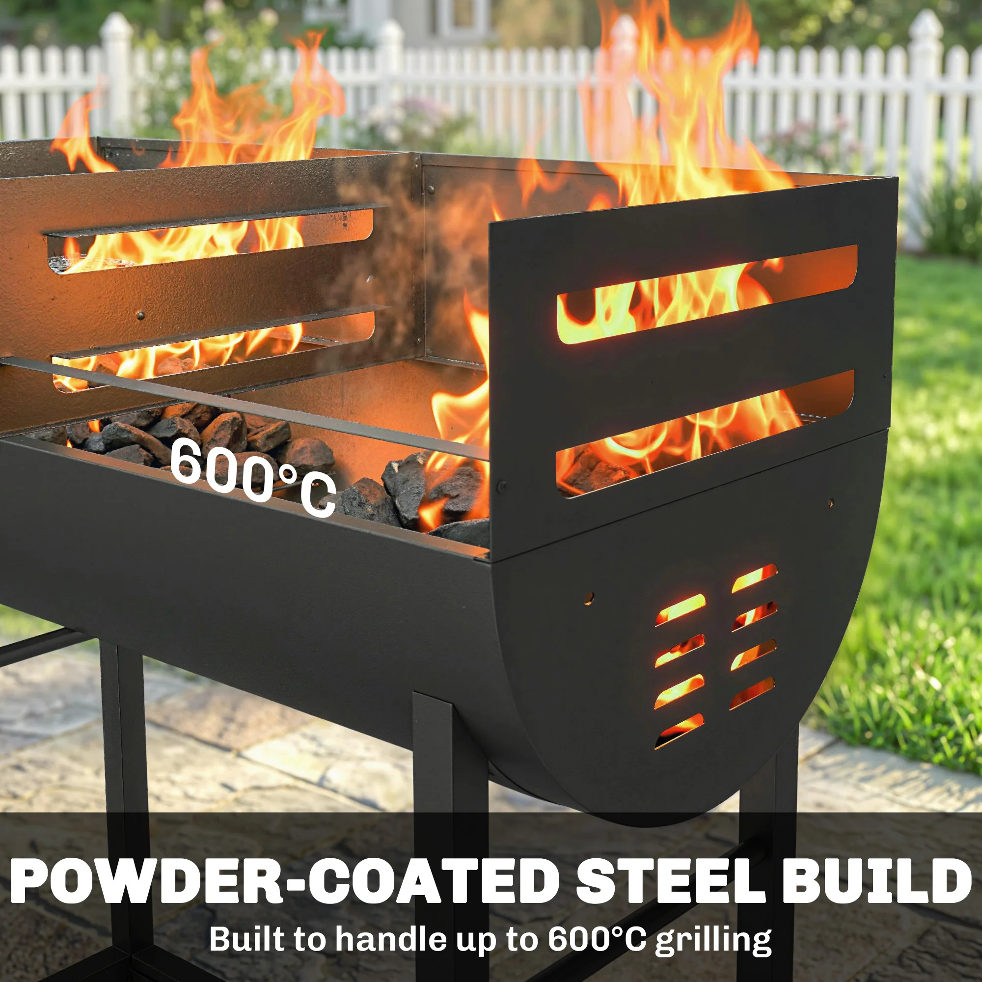 Charcoal BBQ Trolley, Metal 2-Zone Grill on Wheels, Adjustable Grates, Black - Image 10