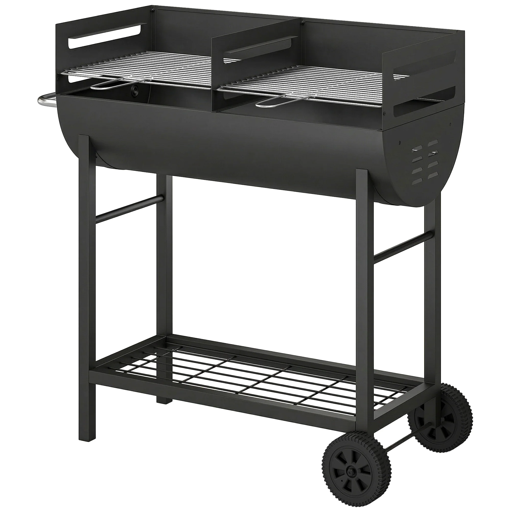 Charcoal BBQ Trolley, Metal 2-Zone Grill on Wheels, Adjustable Grates, Black - Image 2
