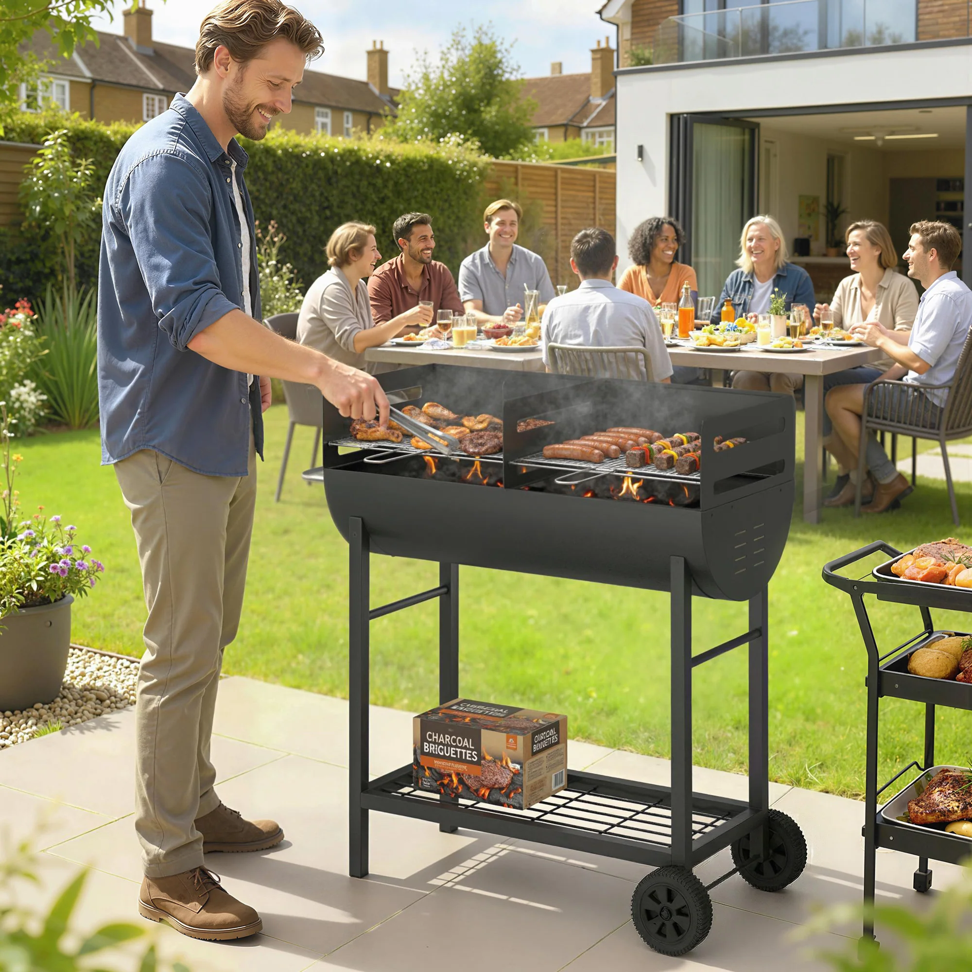 Charcoal BBQ Trolley, Metal 2-Zone Grill on Wheels, Adjustable Grates, Black - Image 3