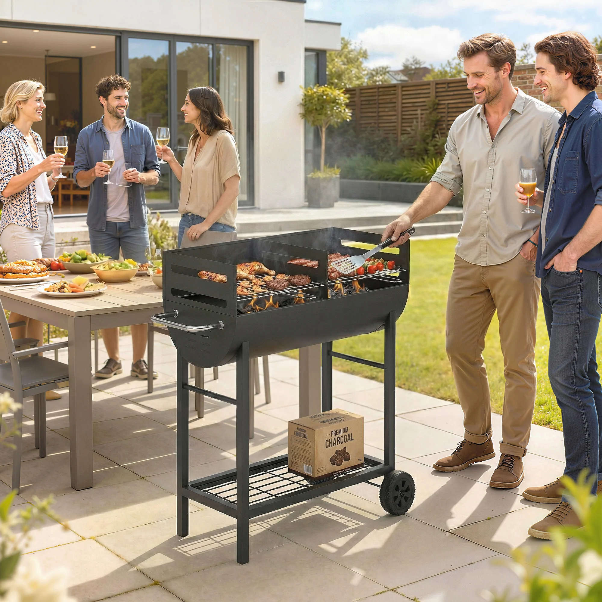 Charcoal BBQ Trolley, Metal 2-Zone Grill on Wheels, Adjustable Grates, Black - Image 4