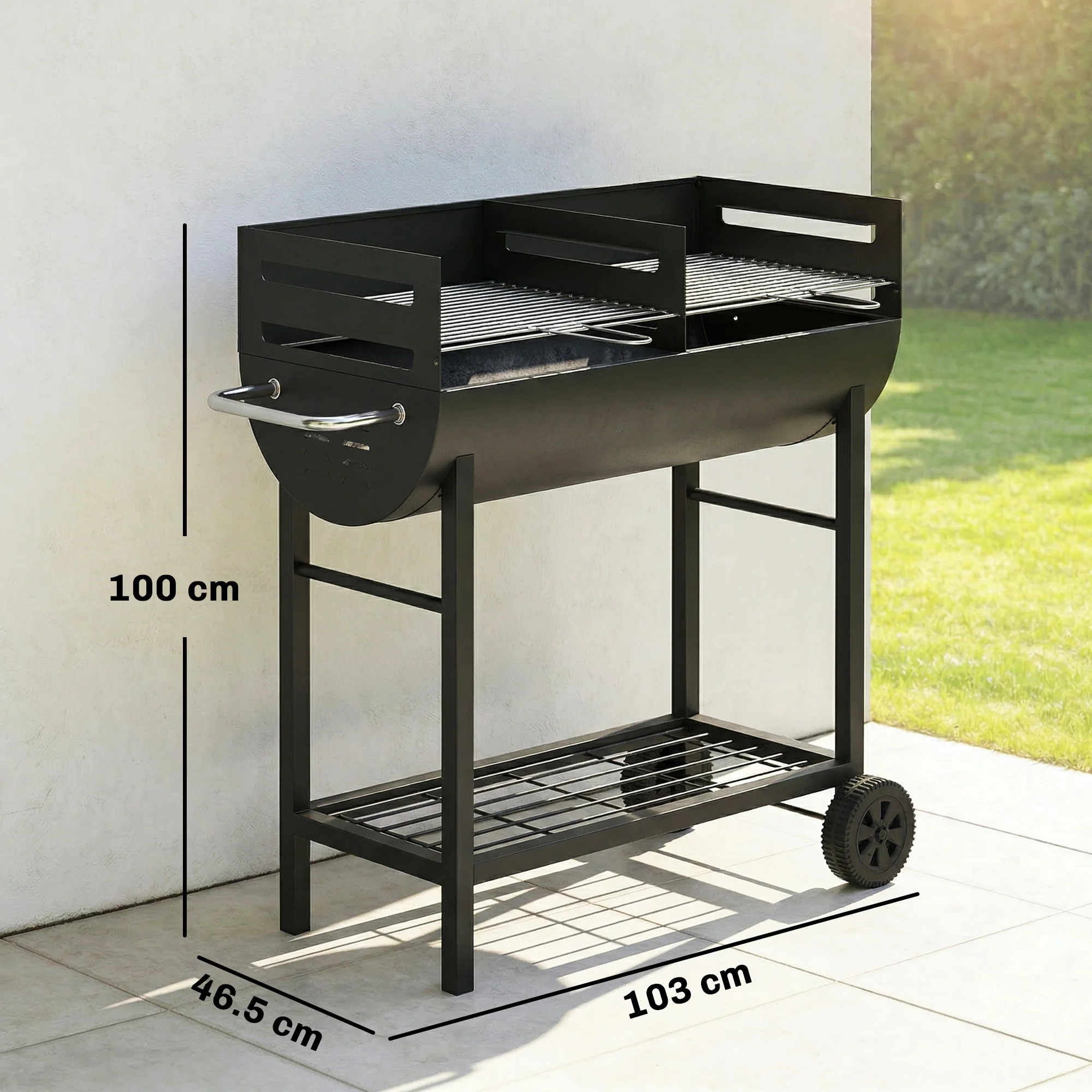 Charcoal BBQ Trolley, Metal 2-Zone Grill on Wheels, Adjustable Grates, Black - Image 5