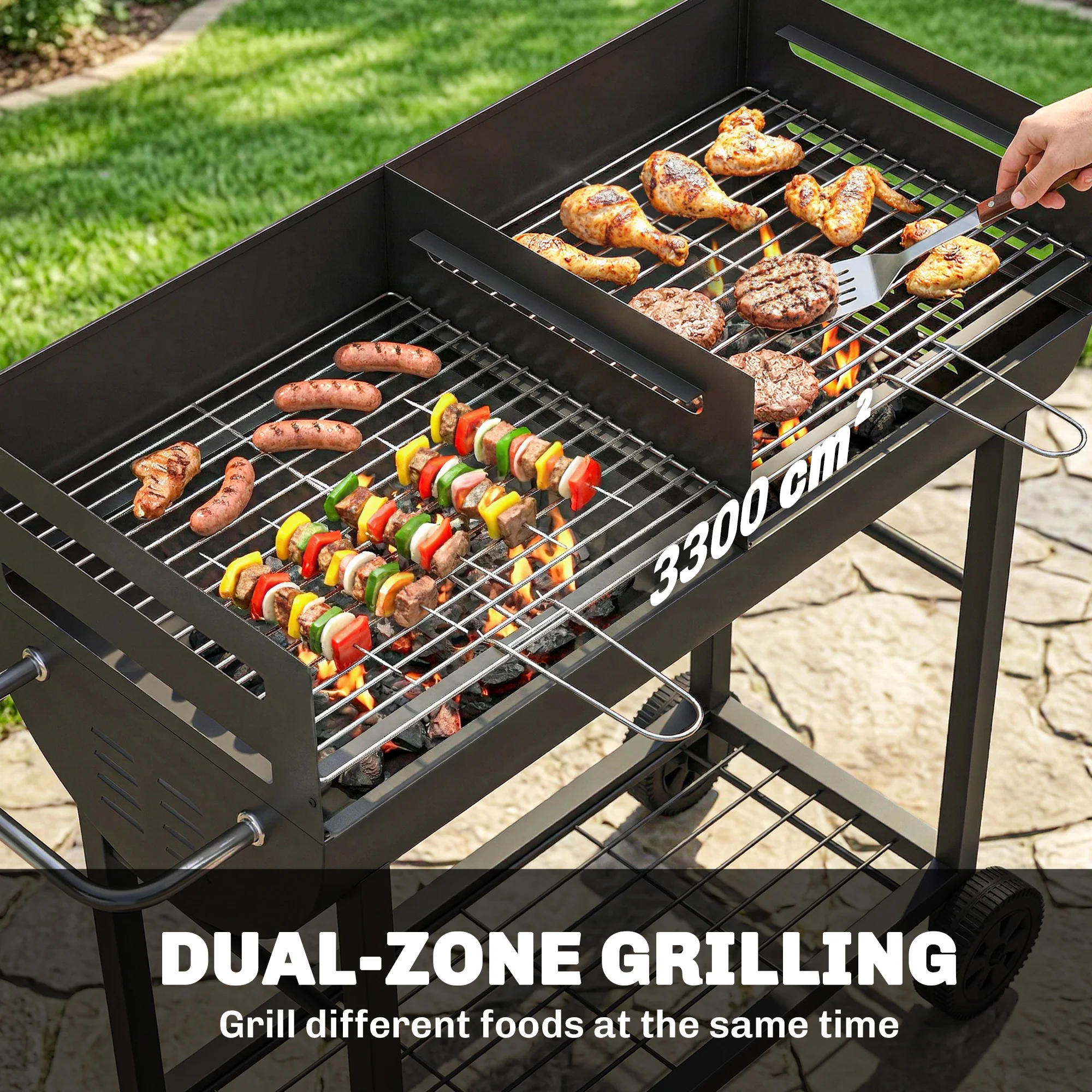 Charcoal BBQ Trolley, Metal 2-Zone Grill on Wheels, Adjustable Grates, Black - Image 6