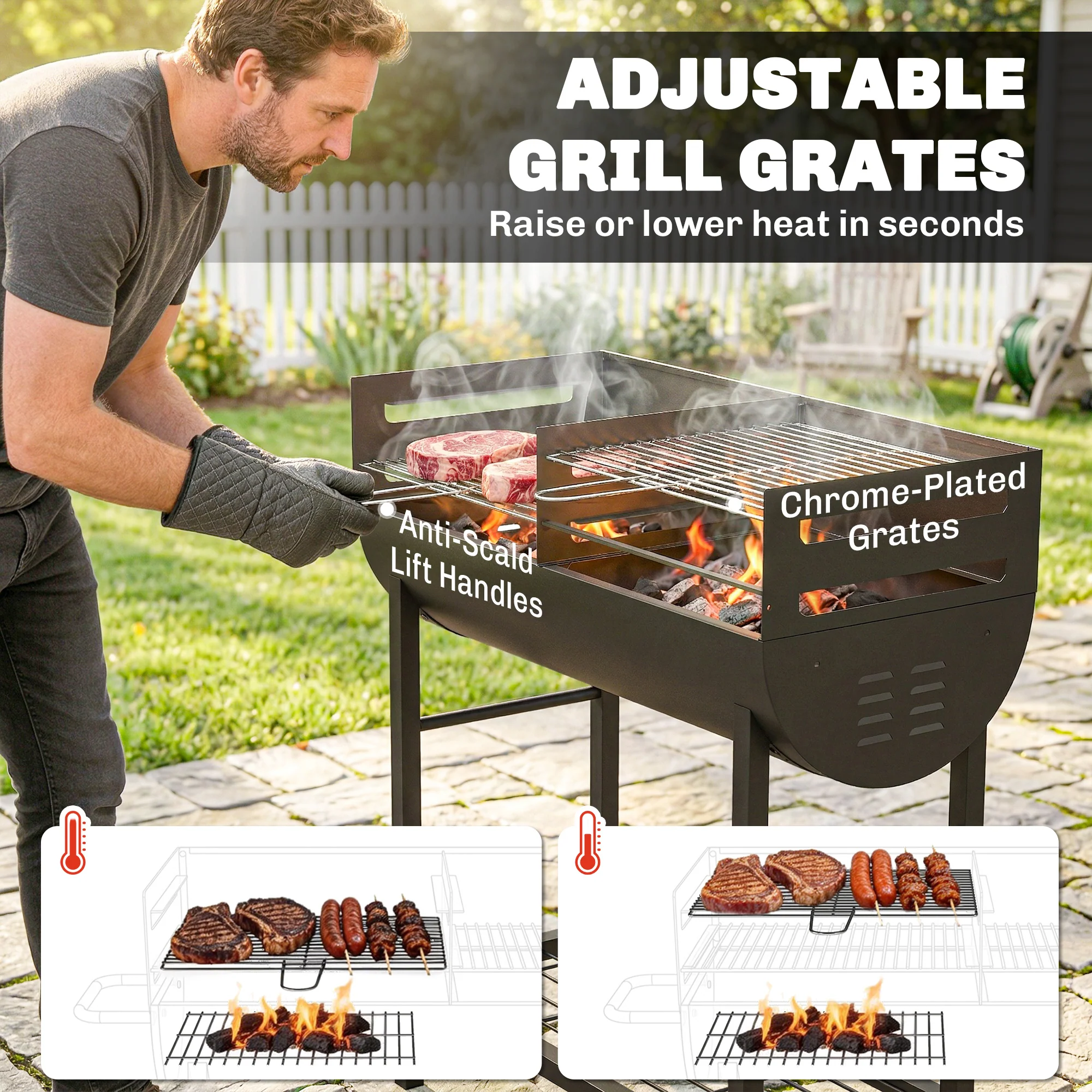 Charcoal BBQ Trolley, Metal 2-Zone Grill on Wheels, Adjustable Grates, Black - Image 7