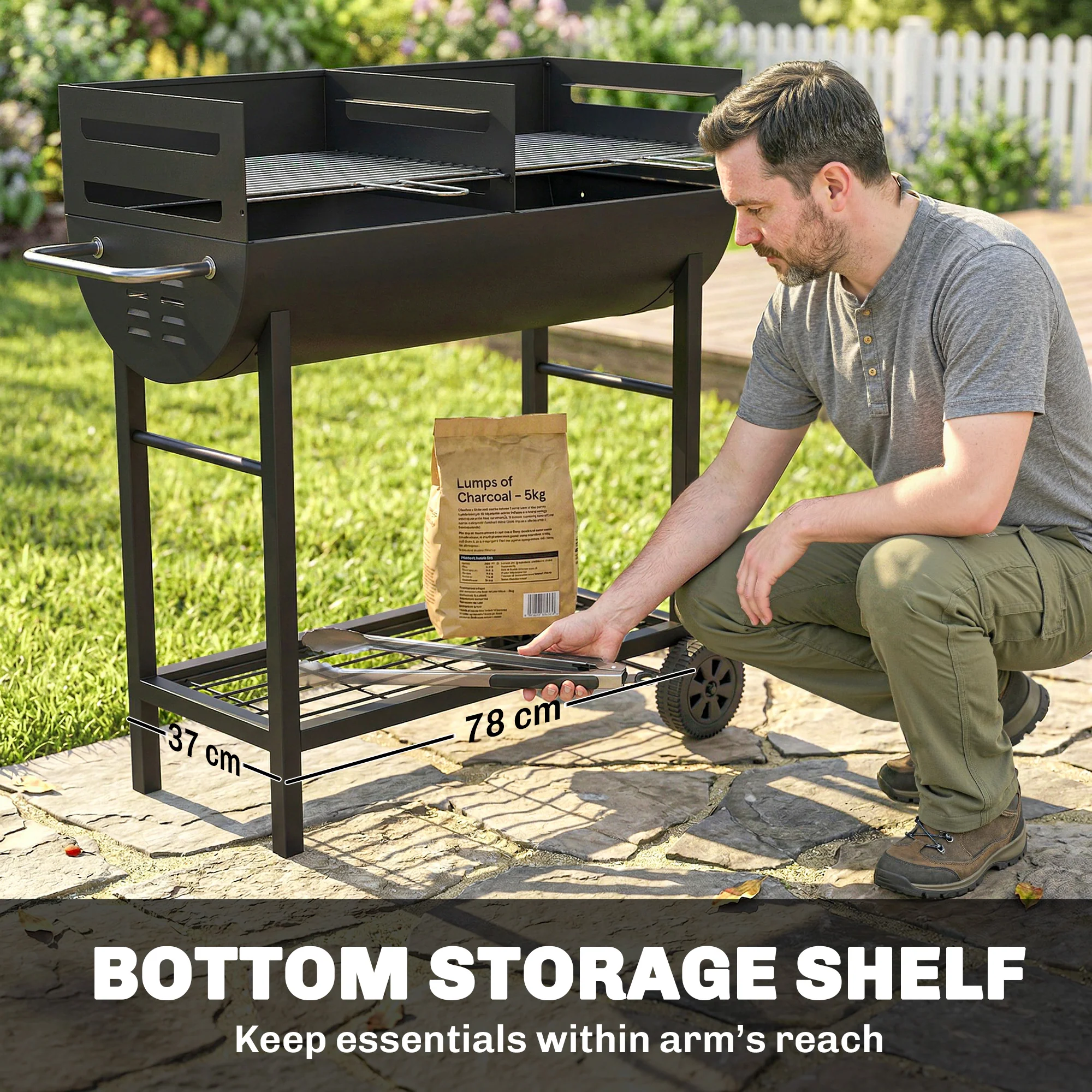 Charcoal BBQ Trolley, Metal 2-Zone Grill on Wheels, Adjustable Grates, Black - Image 8