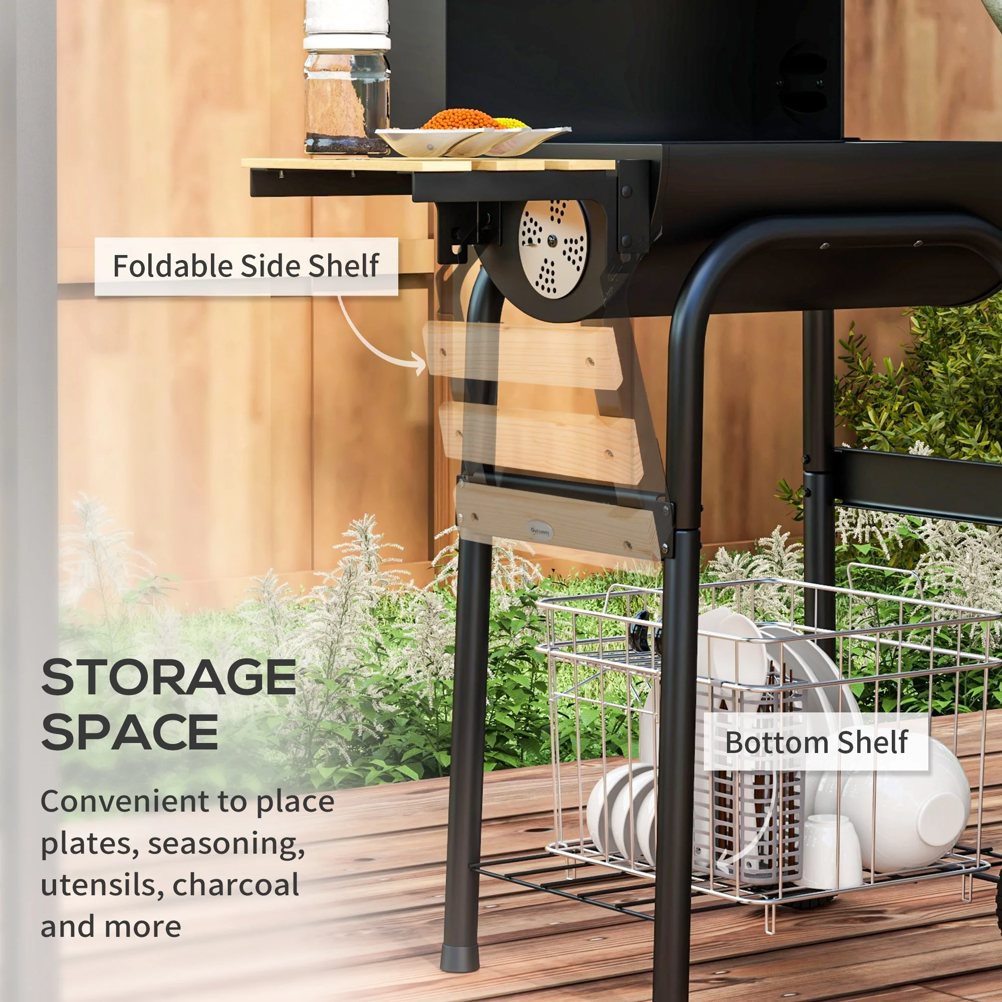 Outdoor Charcoal Grill Cart with Stainless Top & Foldable Table, Black - Image 8