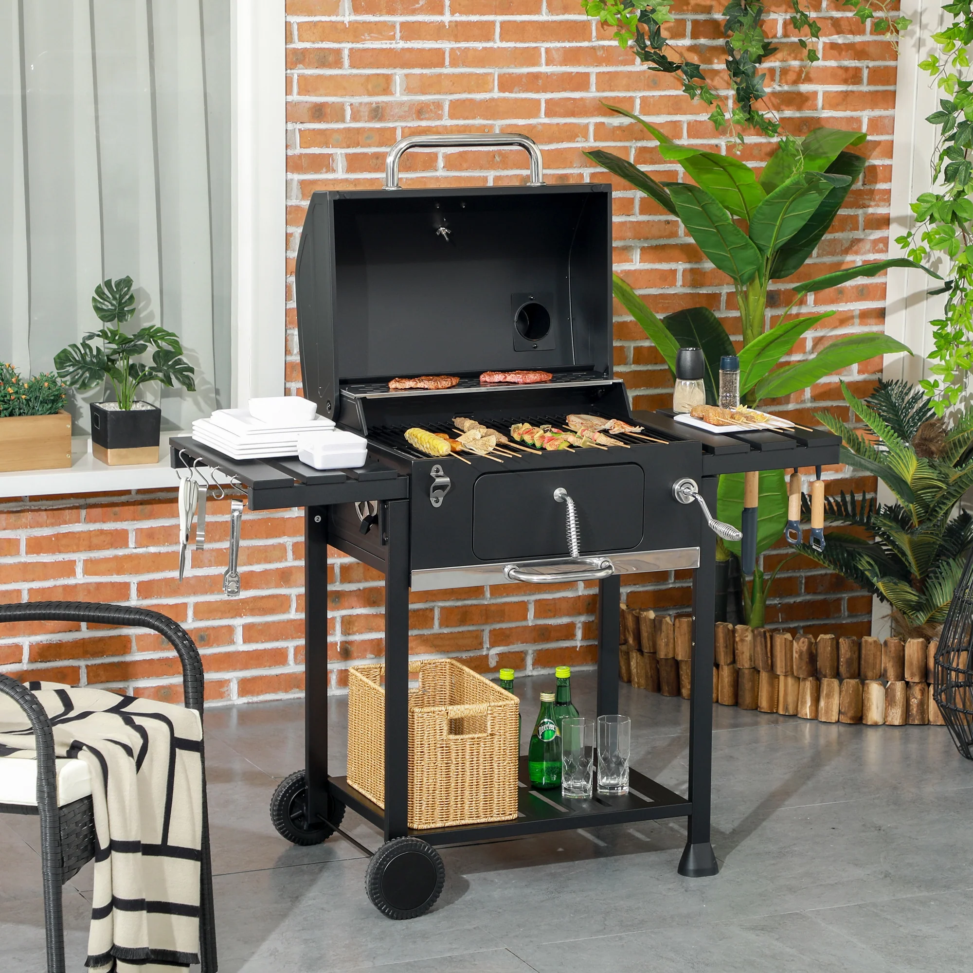 Galvanized Steel Charcoal Grill with Adjustable Pan & Storage Shelves - Image 3