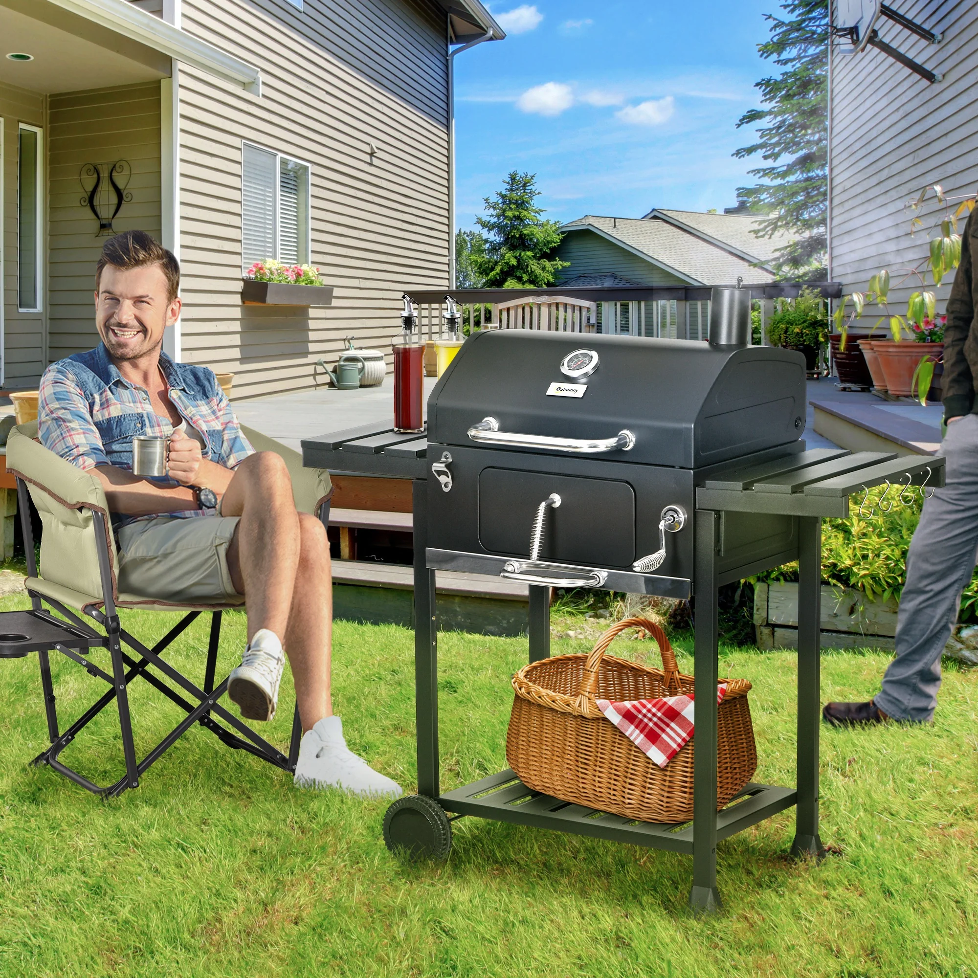Galvanized Steel Charcoal Grill with Adjustable Pan & Storage Shelves - Image 4