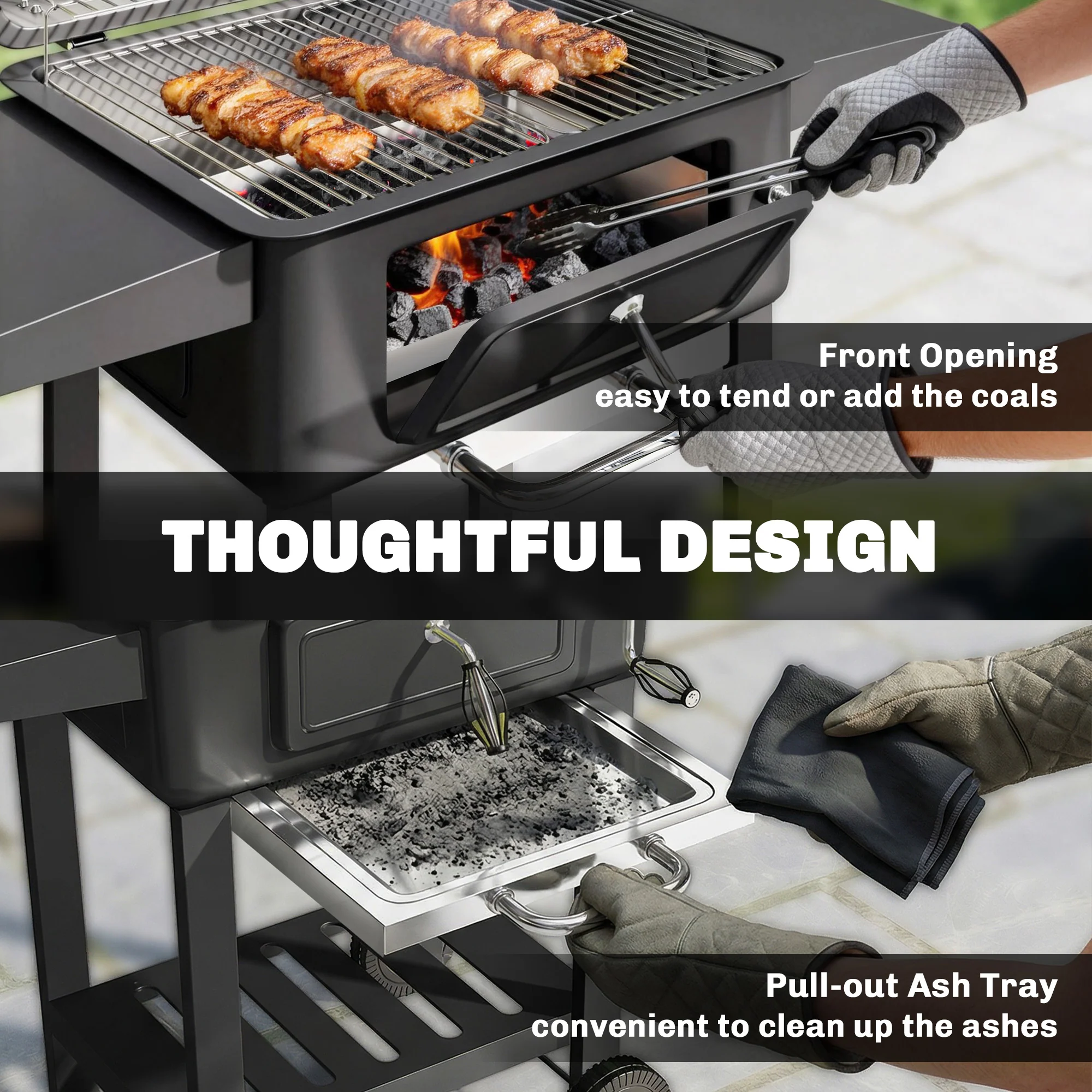 Charcoal BBQ Grill with Adjustable Pan, Side Tables and Chimney, Black - Image 10