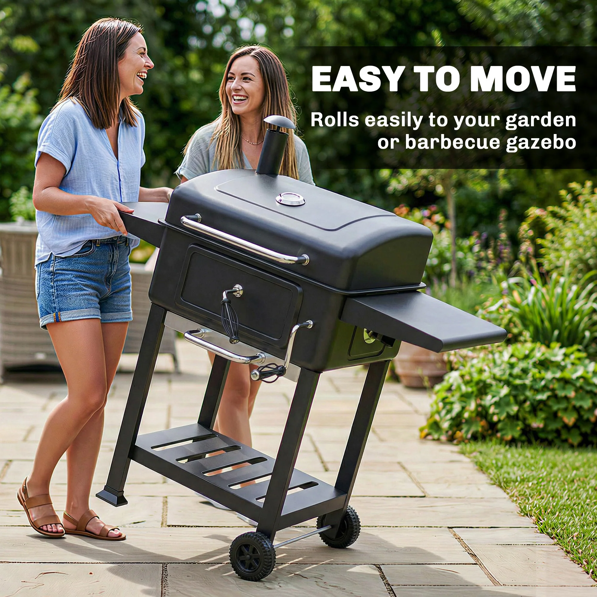 Charcoal BBQ Grill with Adjustable Pan, Side Tables and Chimney, Black - Image 11
