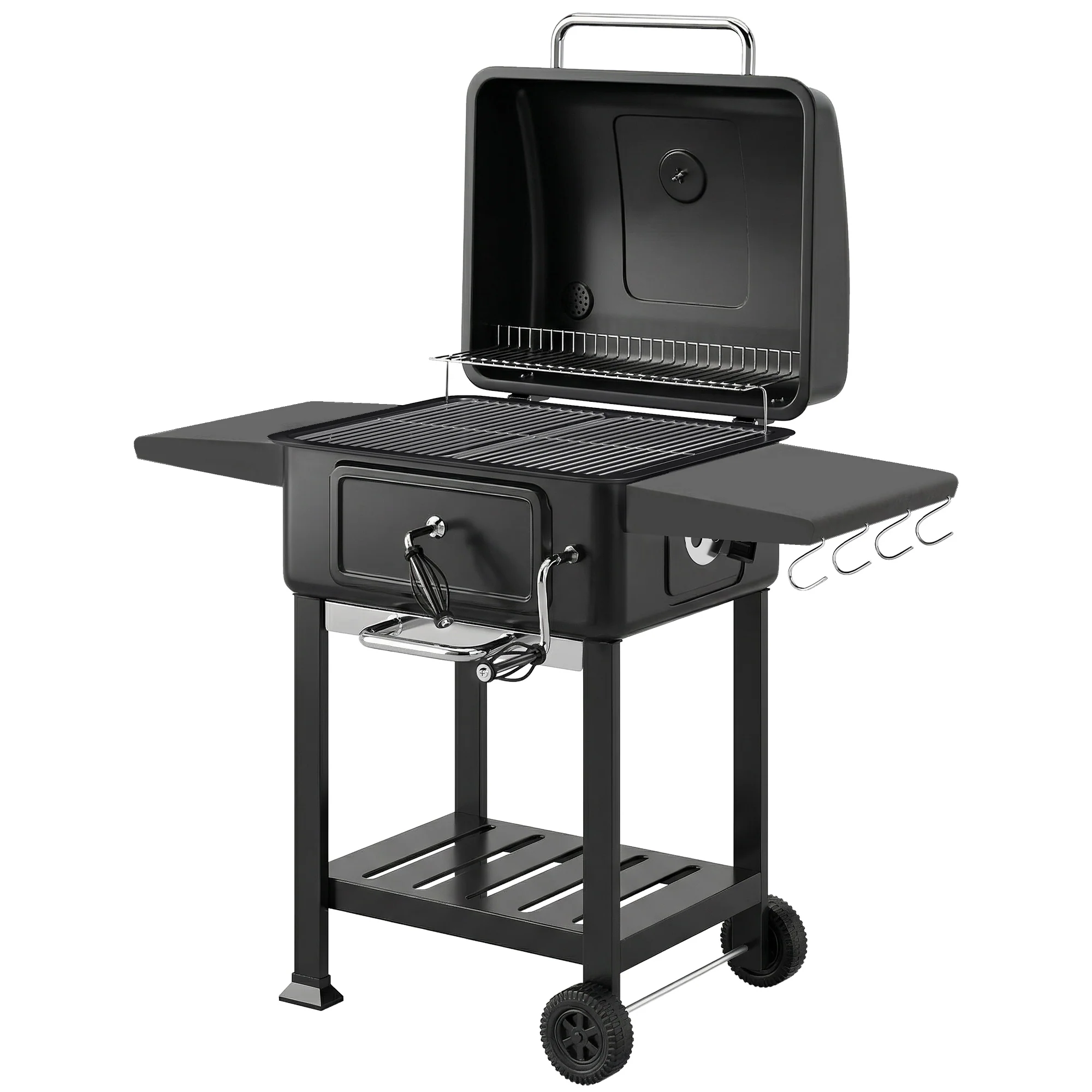 Charcoal BBQ Grill with Adjustable Pan, Side Tables and Chimney, Black - Image 12