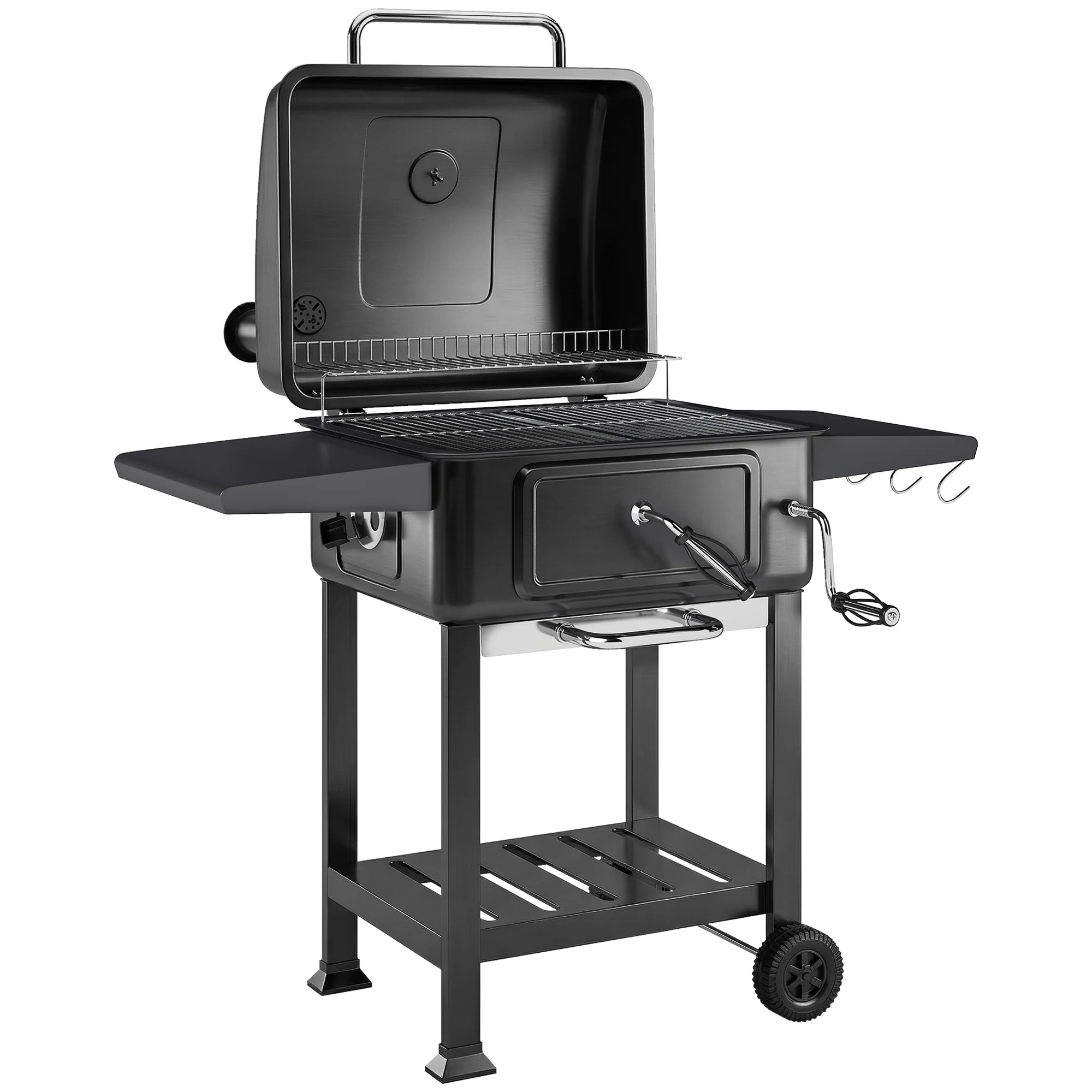 Charcoal BBQ Grill with Adjustable Pan, Side Tables and Chimney, Black - Image 2