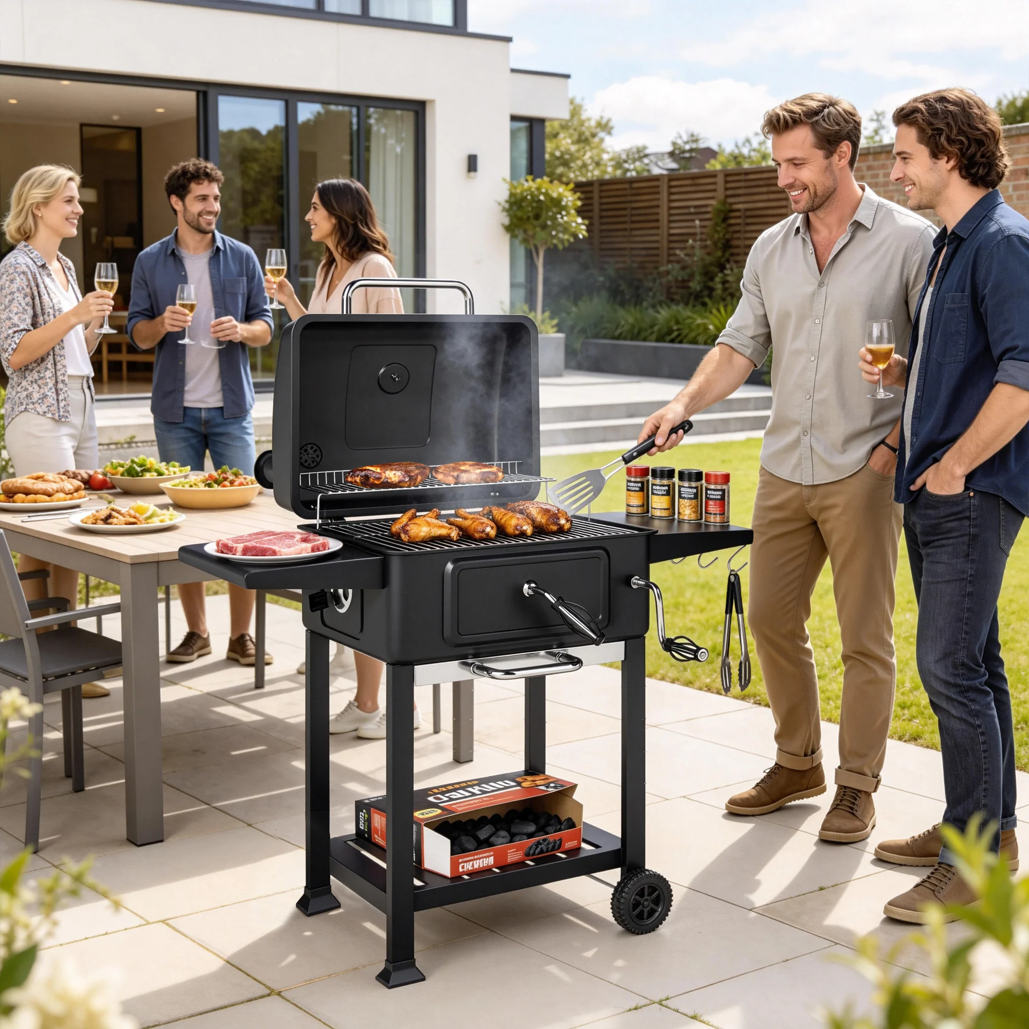 Charcoal BBQ Grill with Adjustable Pan, Side Tables and Chimney, Black - Image 3