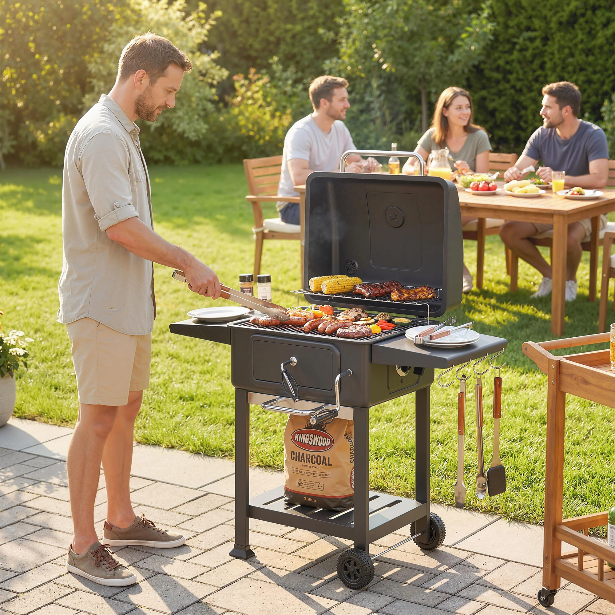 Charcoal BBQ Grill with Adjustable Pan, Side Tables and Chimney, Black - Image 4