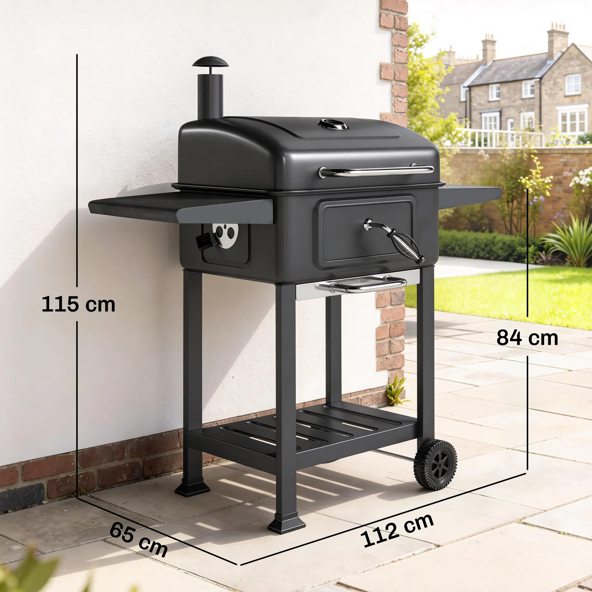 Charcoal BBQ Grill with Adjustable Pan, Side Tables and Chimney, Black - Image 5