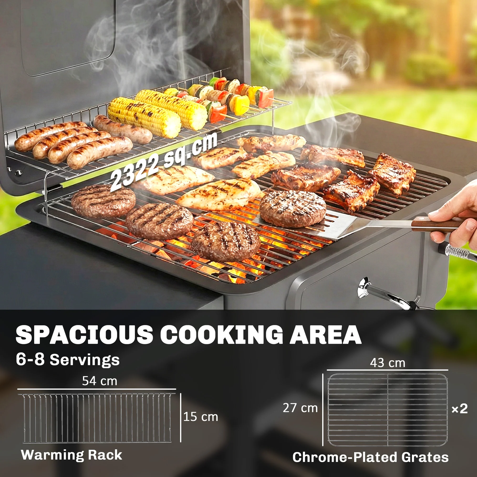 Charcoal BBQ Grill with Adjustable Pan, Side Tables and Chimney, Black - Image 6