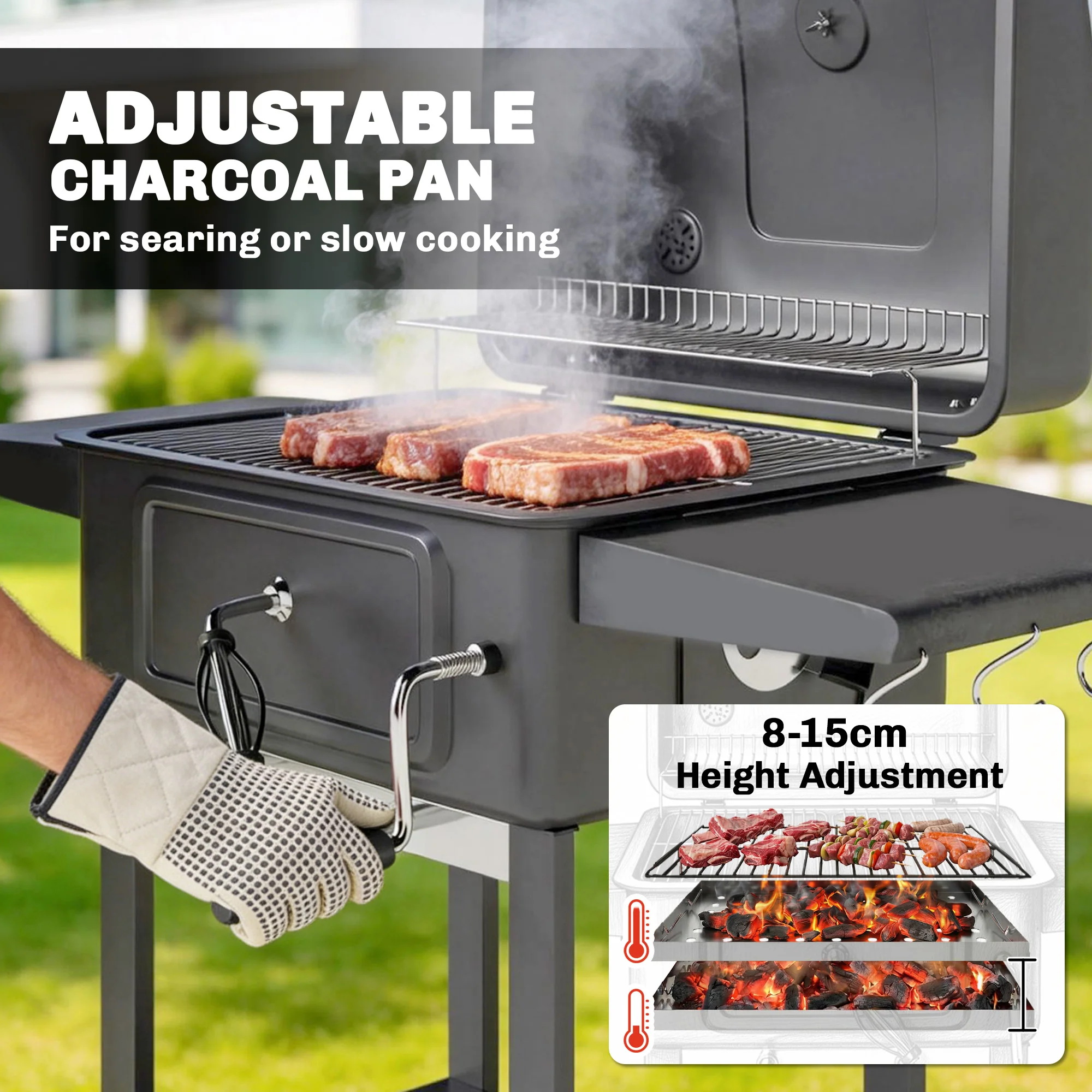 Charcoal BBQ Grill with Adjustable Pan, Side Tables and Chimney, Black - Image 7
