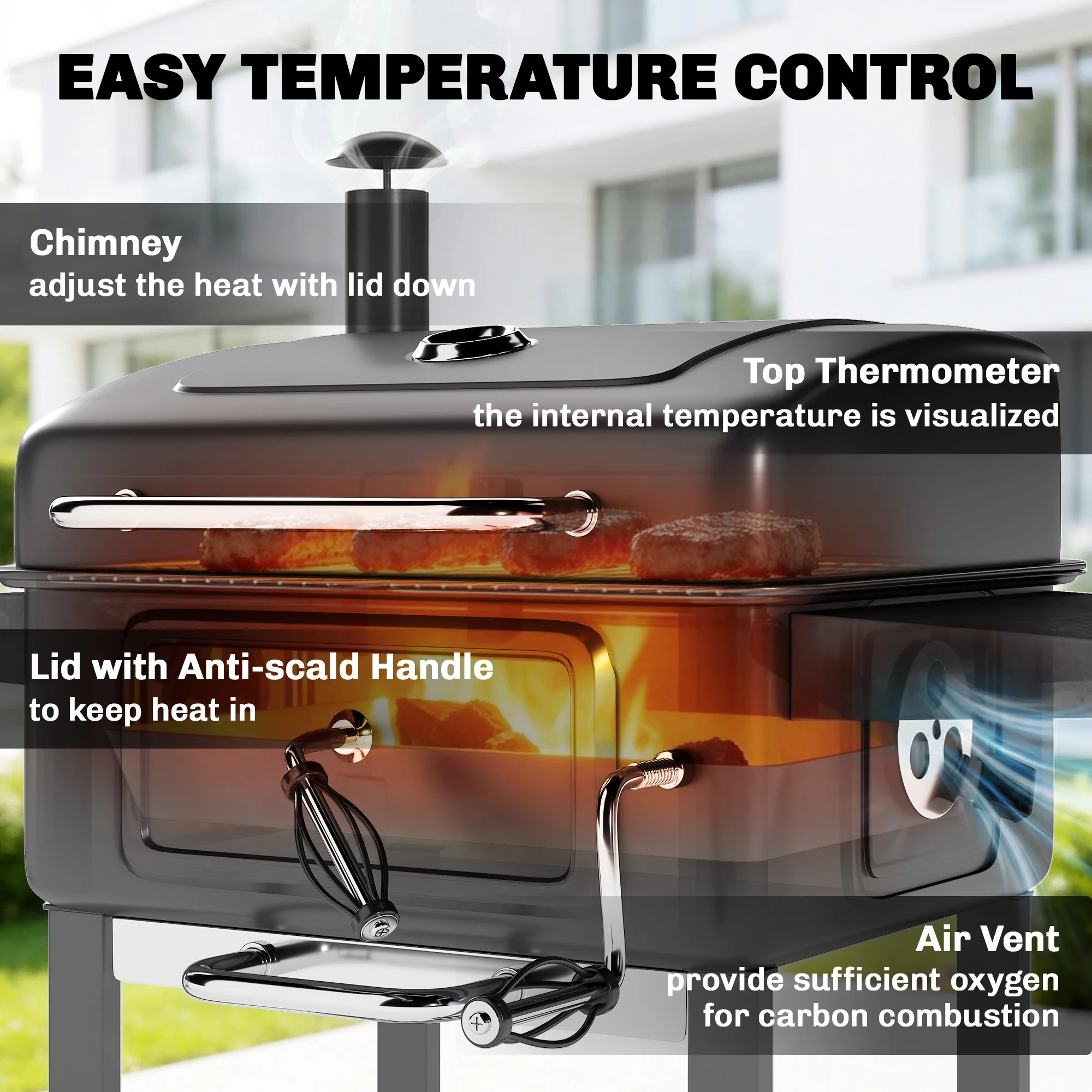 Charcoal BBQ Grill with Adjustable Pan, Side Tables and Chimney, Black - Image 8
