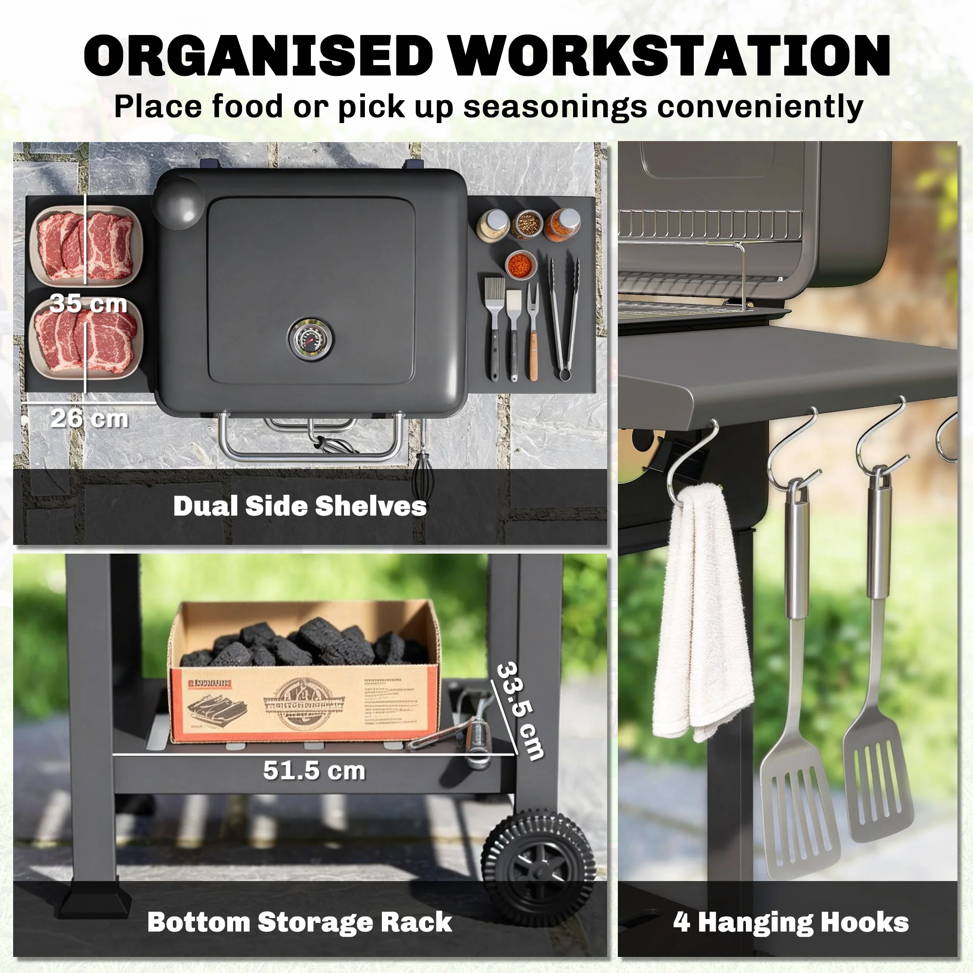 Charcoal BBQ Grill with Adjustable Pan, Side Tables and Chimney, Black - Image 9