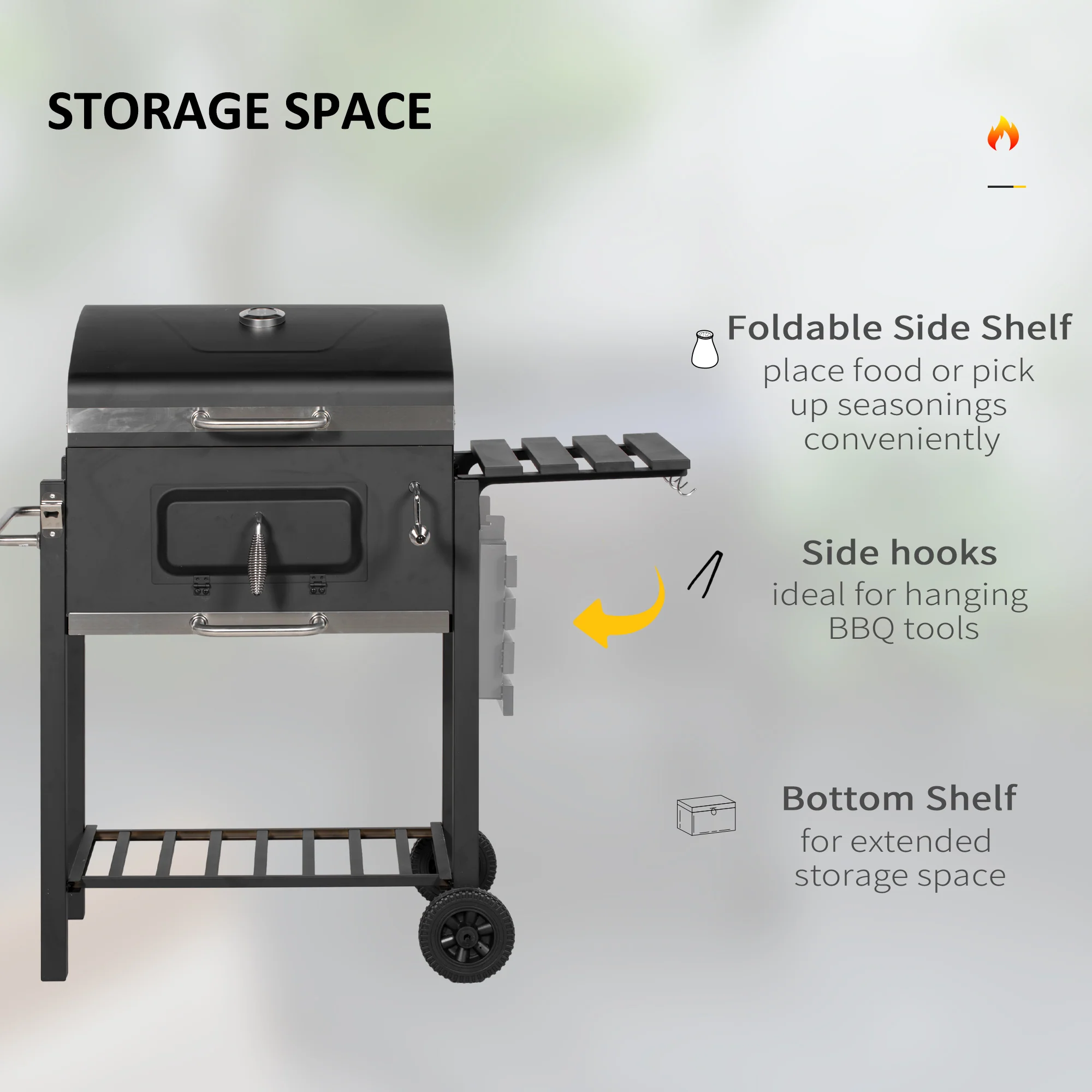 Charcoal Grill BBQ Trolley with Adjustable Charcoal Grate, Shelf, Side Table, Thermometer - Image 10