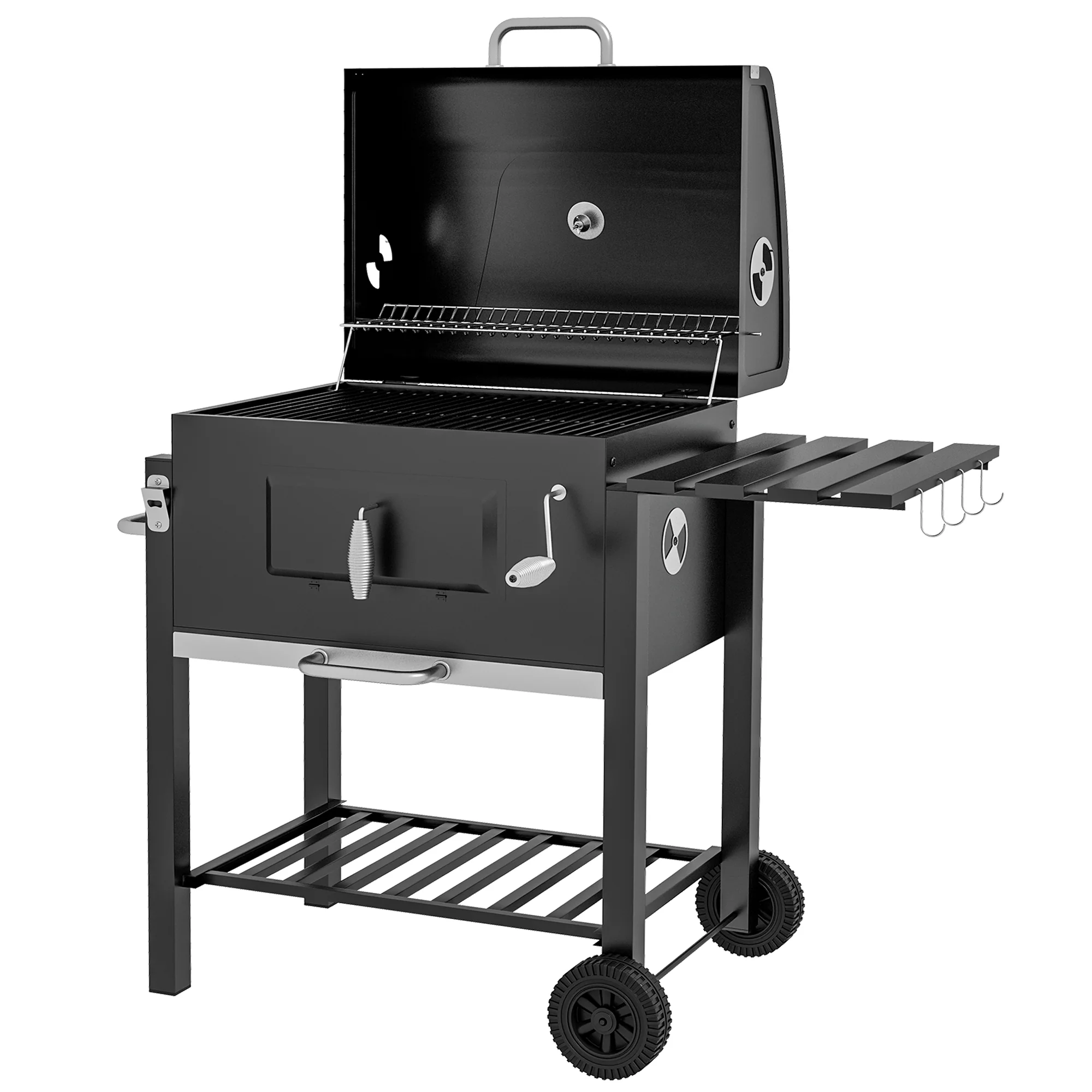 Charcoal Grill BBQ Trolley with Adjustable Charcoal Grate, Shelf, Side Table, Thermometer - Image 2