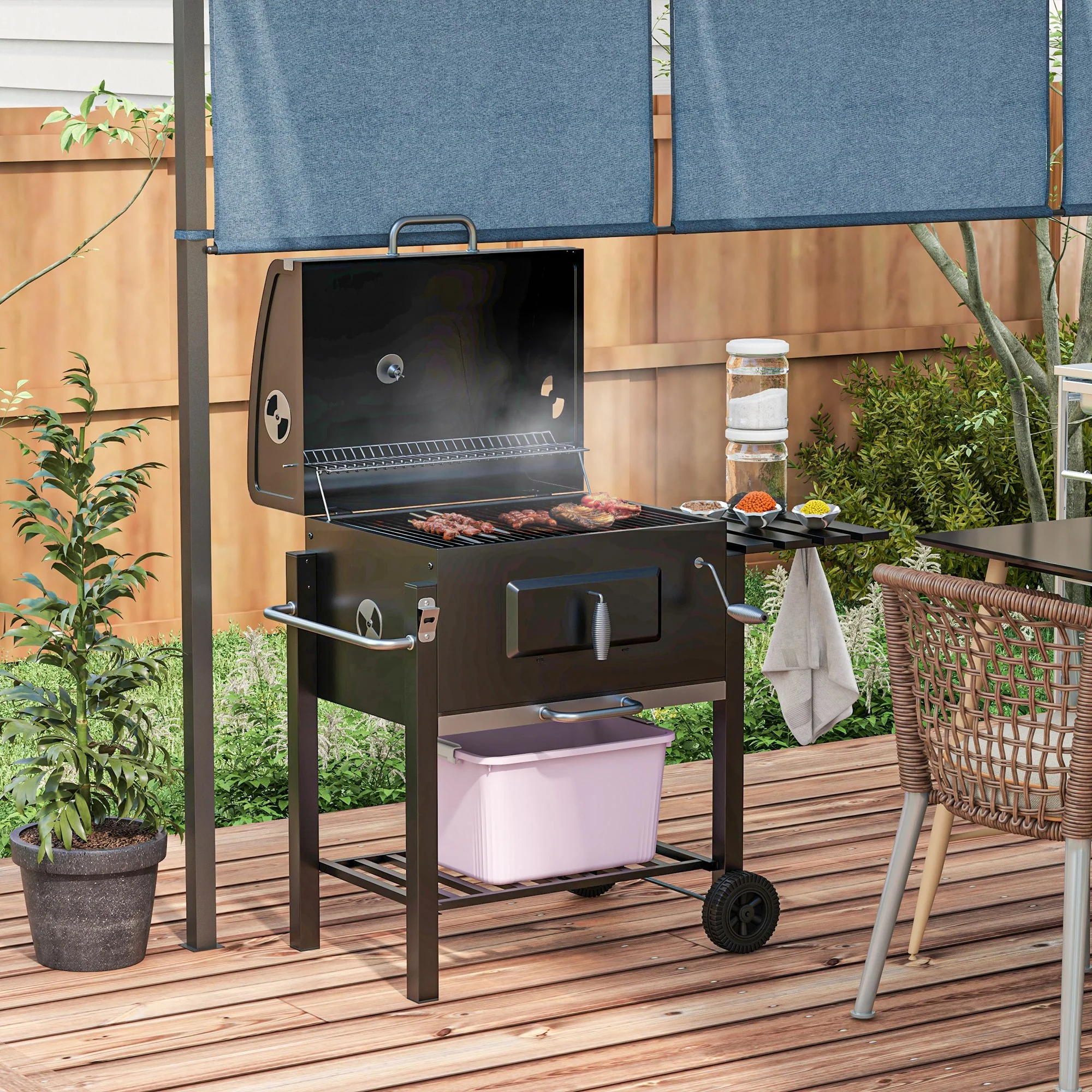 Charcoal Grill BBQ Trolley with Adjustable Charcoal Grate, Shelf, Side Table, Thermometer - Image 3