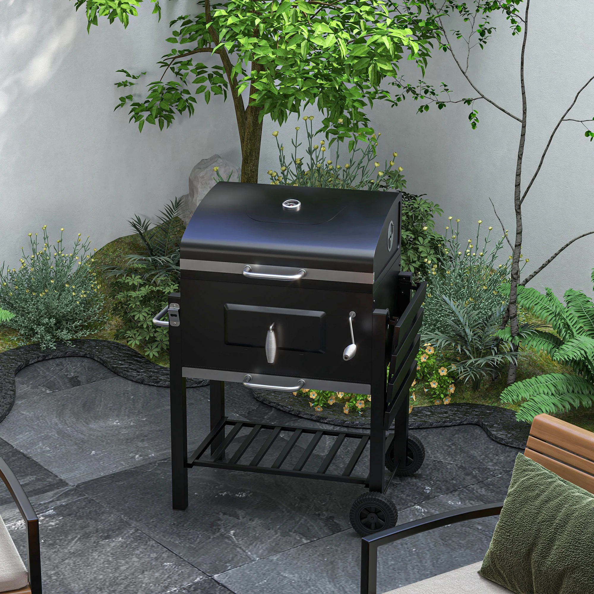 Charcoal Grill BBQ Trolley with Adjustable Charcoal Grate, Shelf, Side Table, Thermometer - Image 4